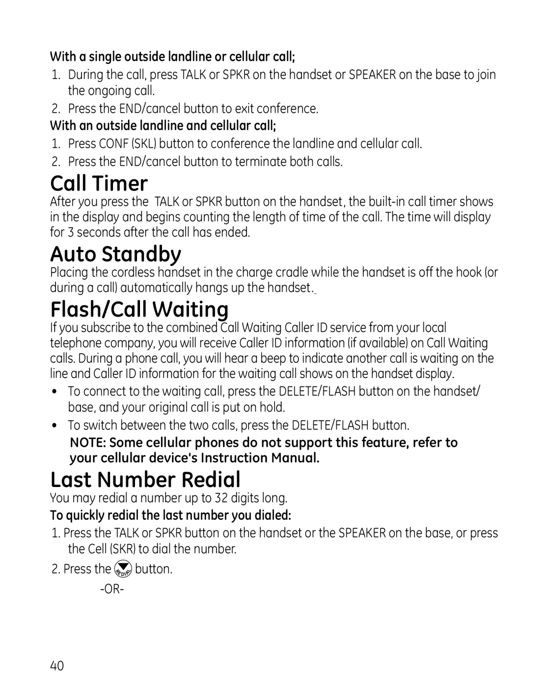 GE 819, 28129xx6, 28129xx5, 28129xx4, 28129xx3, 28129xx2 manual Call Timer, Auto Standby, Flash/Call Waiting, Last Number Redial 