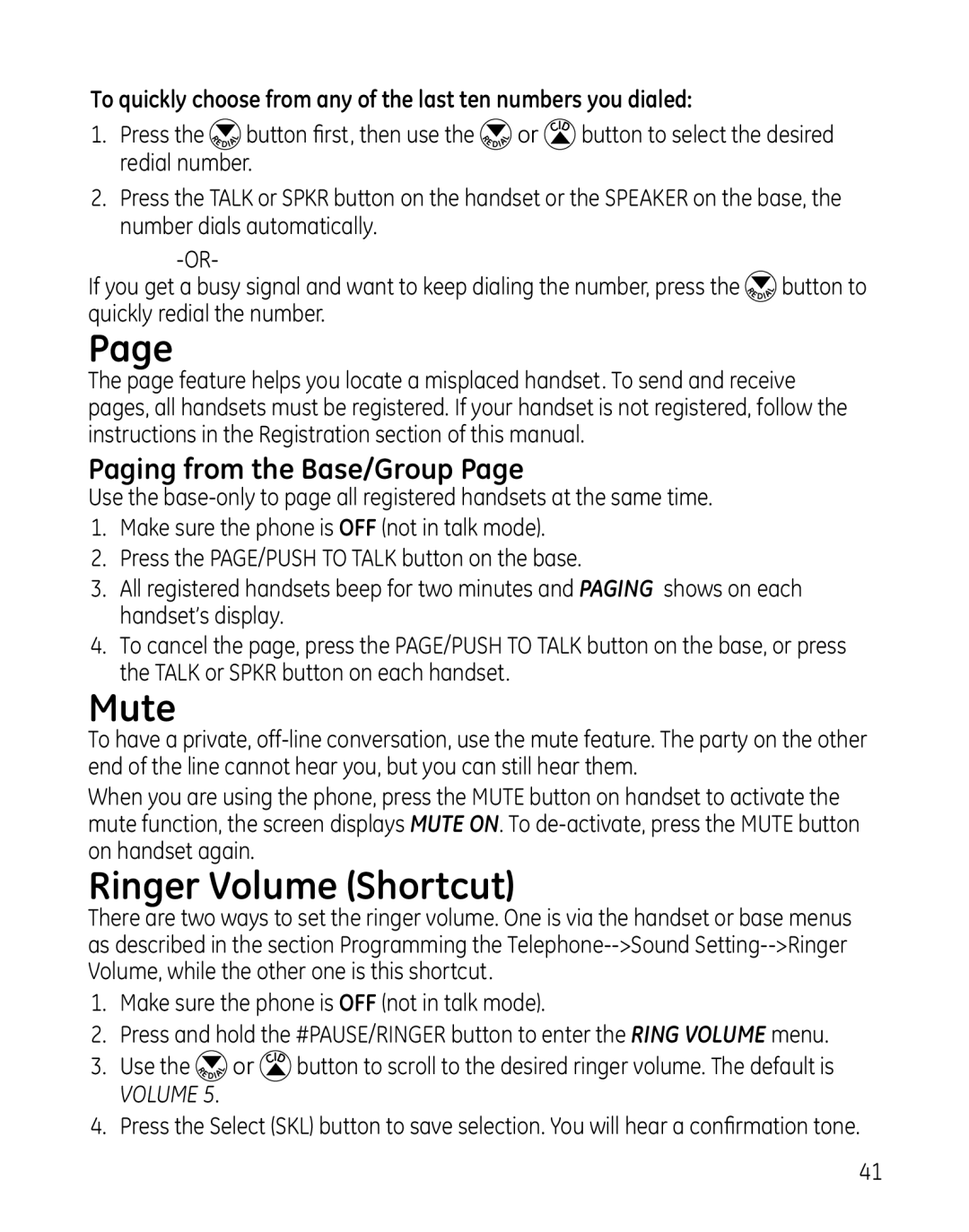 GE 28129xx6, 819, 28129xx5, 28129xx4, 28129xx3, 28129xx2, 0005374 manual Mute, Ringer Volume Shortcut, Paging from the Base/Group 