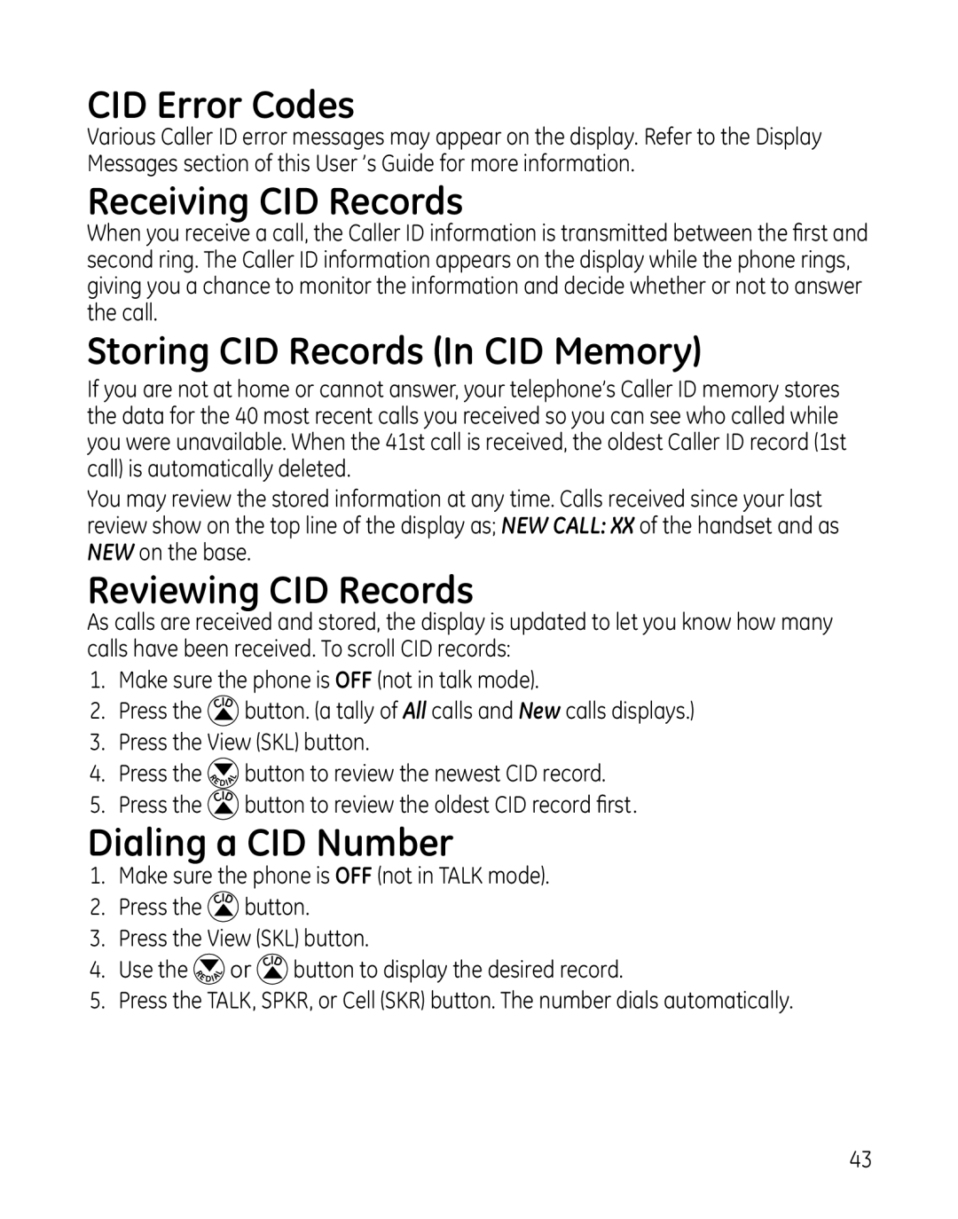 GE 28129xx4, 819, 28129xx6 CID Error Codes, Receiving CID Records, Storing CID Records In CID Memory, Reviewing CID Records 