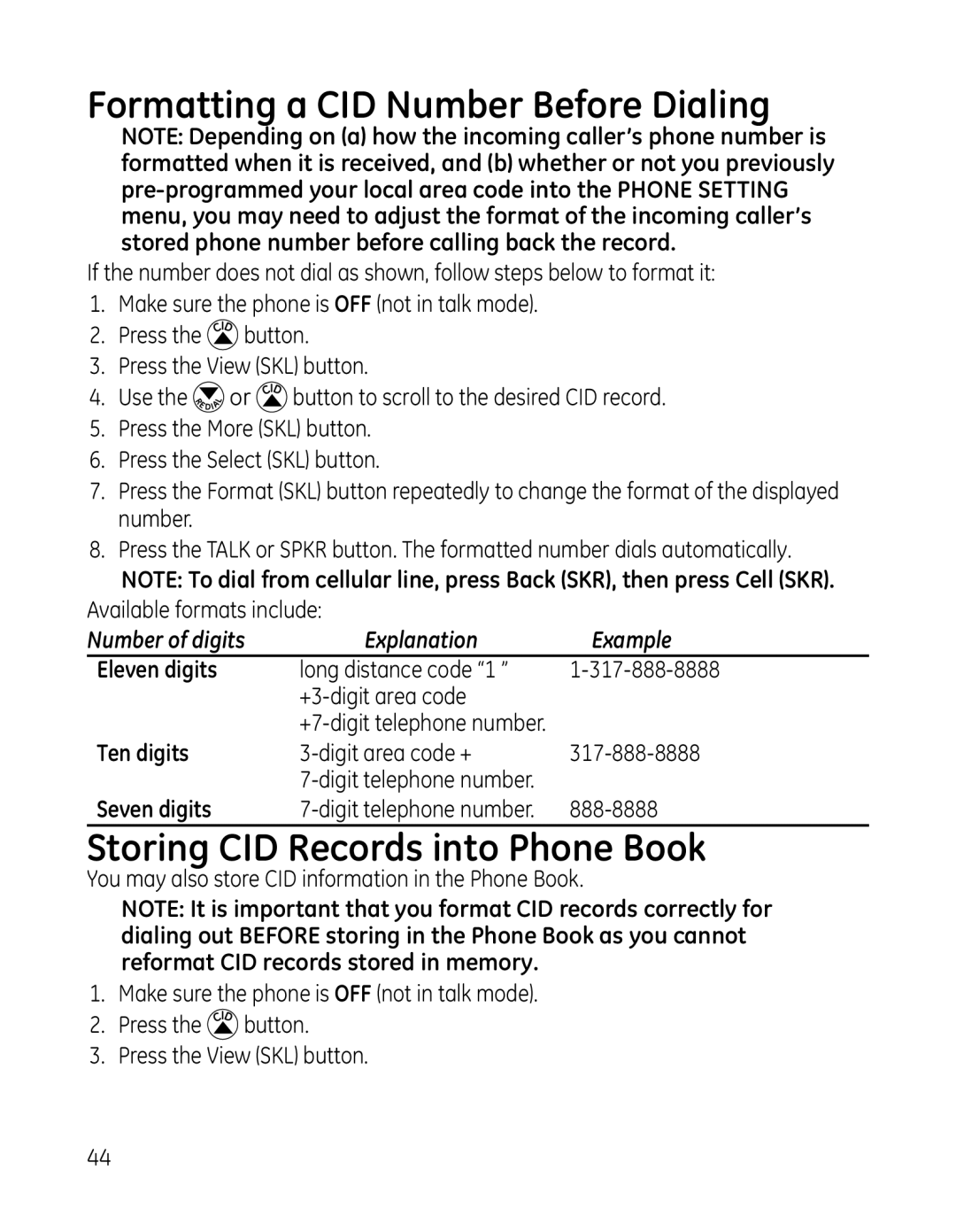 GE 28129 Formatting a CID Number Before Dialing, Storing CID Records into Phone Book, Number of digits Explanation Example 