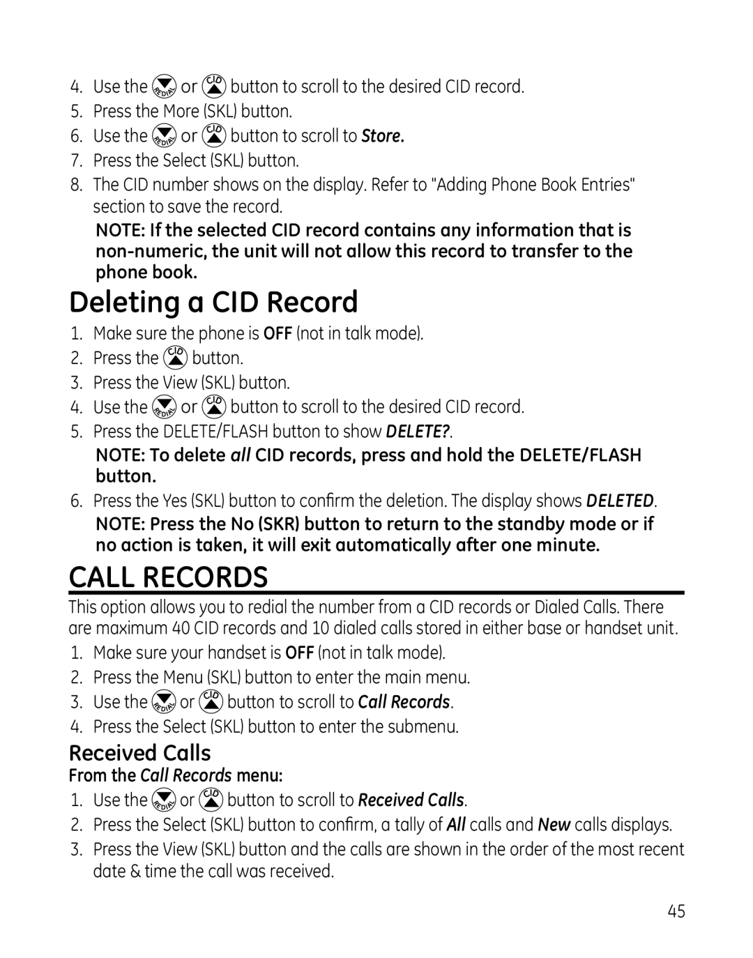 GE 28129xx3, 819, 28129xx6, 28129xx5, 28129xx4, 28129xx2 Deleting a CID Record, Received Calls, From the Call Records menu 