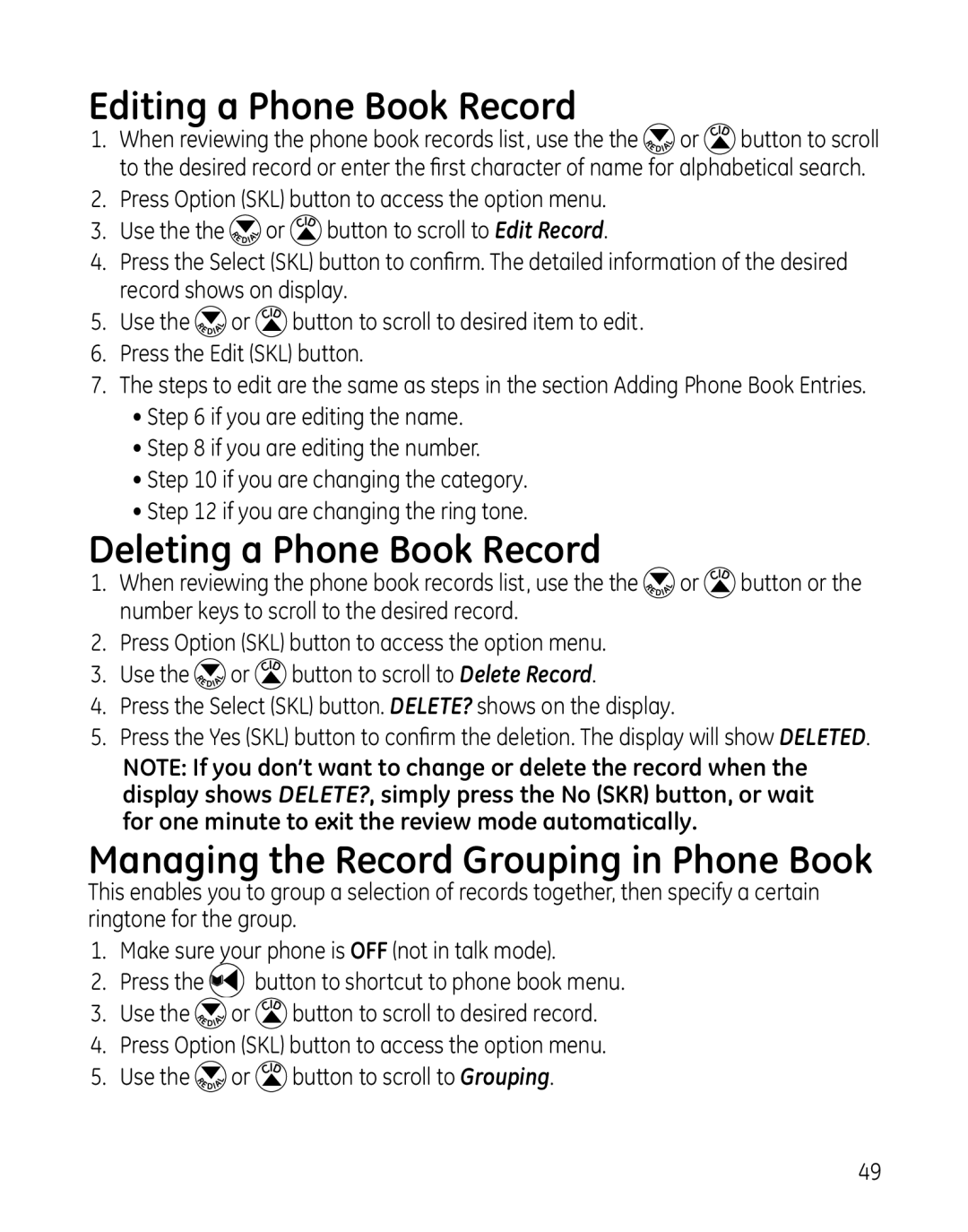 GE 28129xx6, 819 Editing a Phone Book Record, Deleting a Phone Book Record, Managing the Record Grouping in Phone Book 