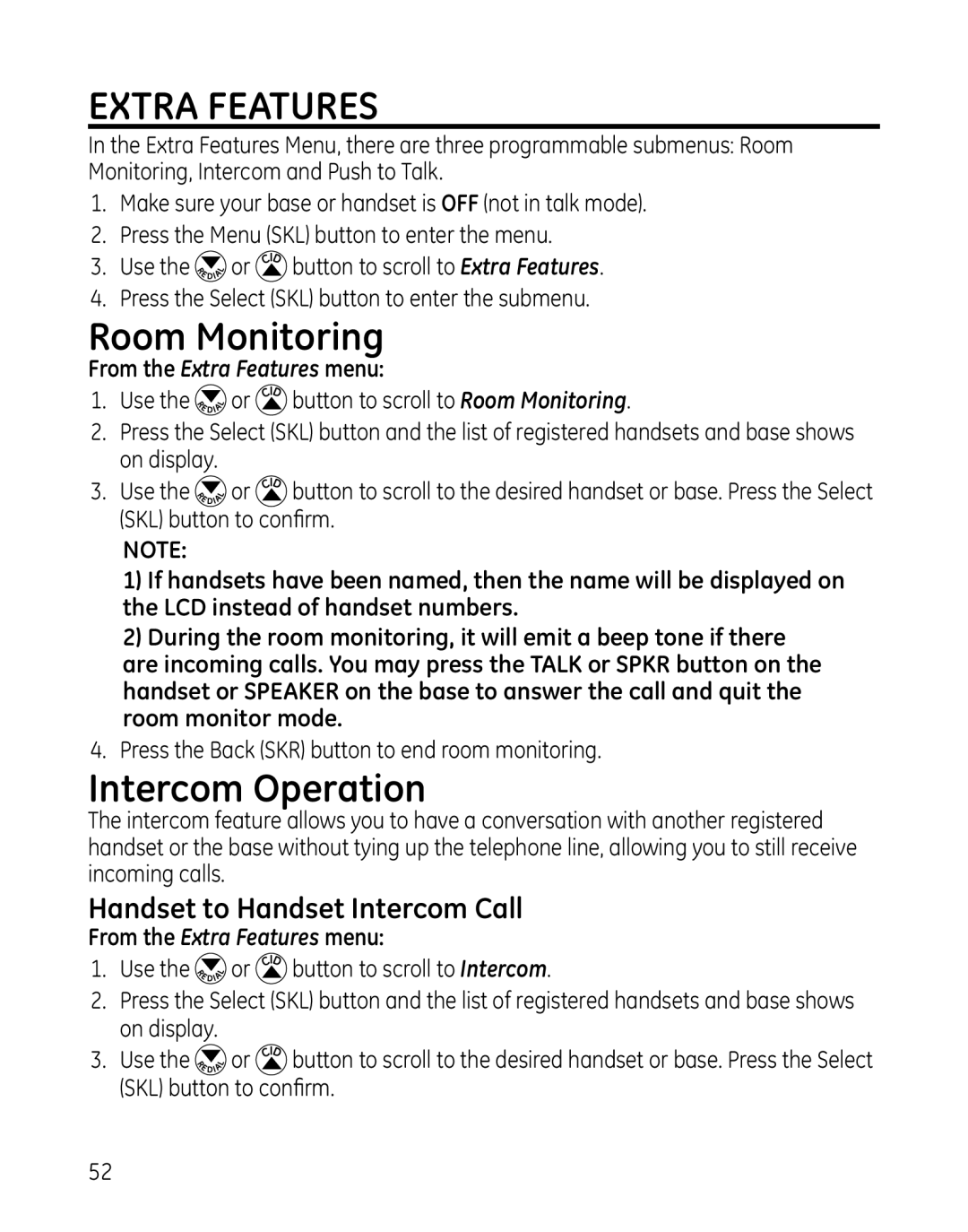 GE 819, 28129xx6, 28129xx5, 0005374 Extra Features, Room Monitoring, Intercom Operation, Handset to Handset Intercom Call 