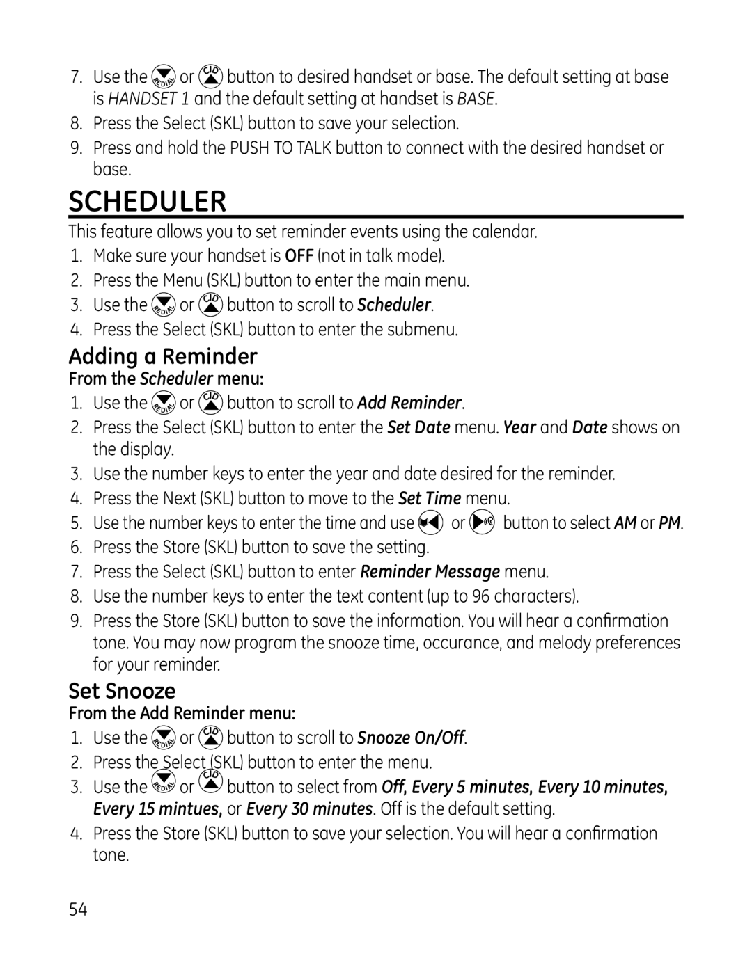 GE 28129xx2, 819, 28129xx6, 28129xx5 Adding a Reminder, Set Snooze, From the Scheduler menu, From the Add Reminder menu 