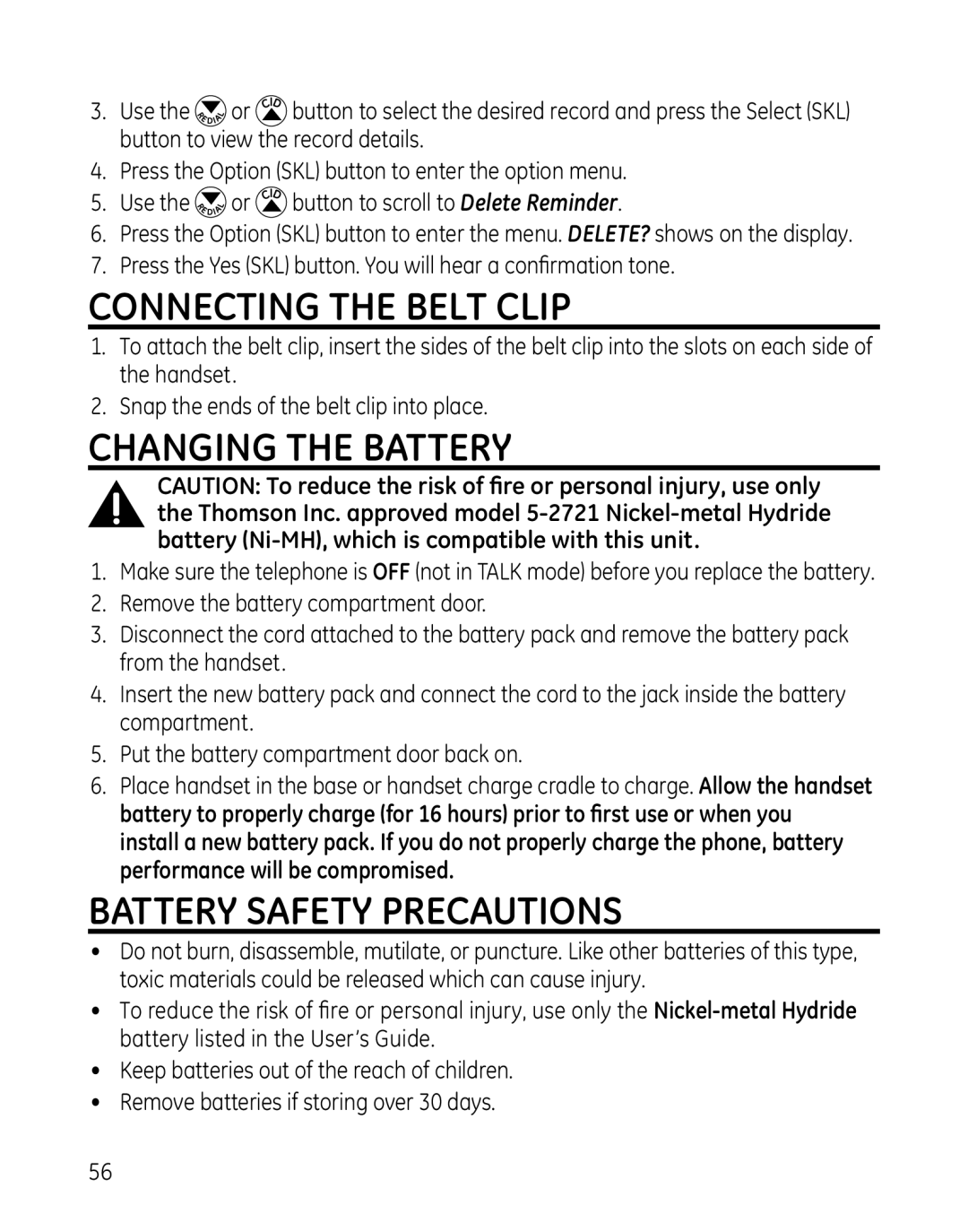 GE 819, 28129xx6, 28129xx5, 28129xx4, 28129xx3 Connecting the Belt Clip, Changing the Battery, Battery Safety Precautions 