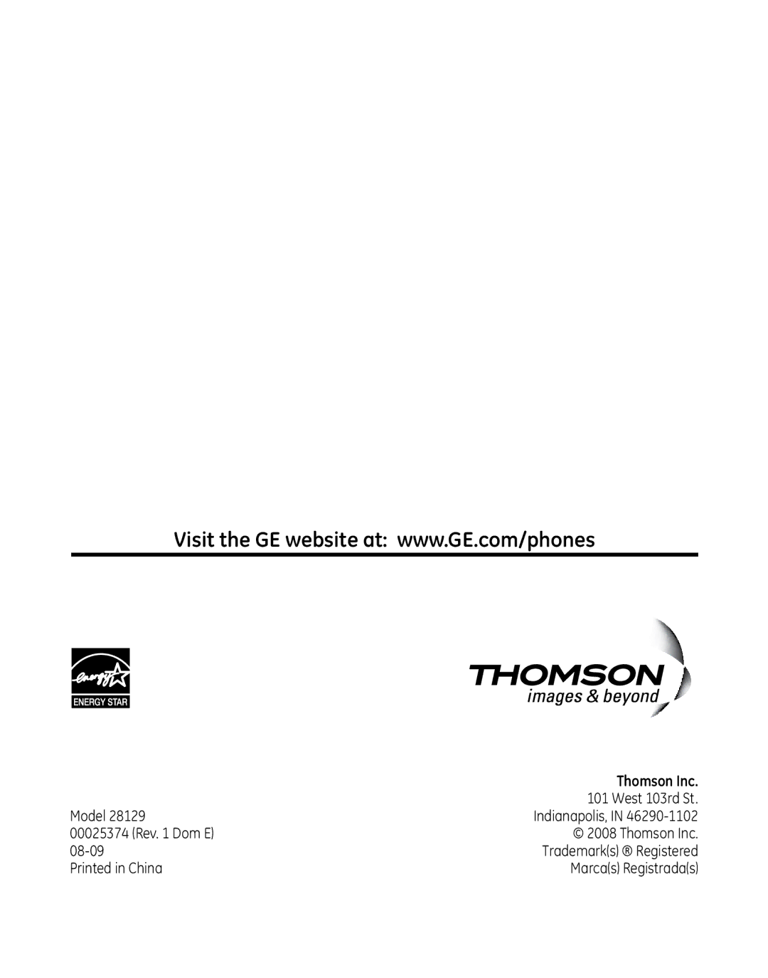 GE 819, 28129xx6, 28129xx5, 28129xx4, 28129xx3, 28129xx2, 0005374 manual Thomson Inc 