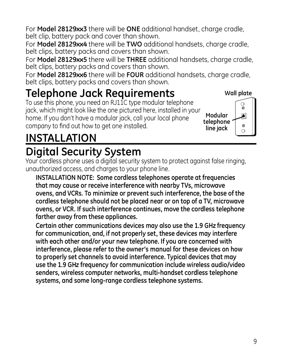 GE 28129xx6, 819, 28129xx5, 28129xx4, 28129xx3, 28129xx2 Telephone Jack Requirements, Installation Digital Security System 