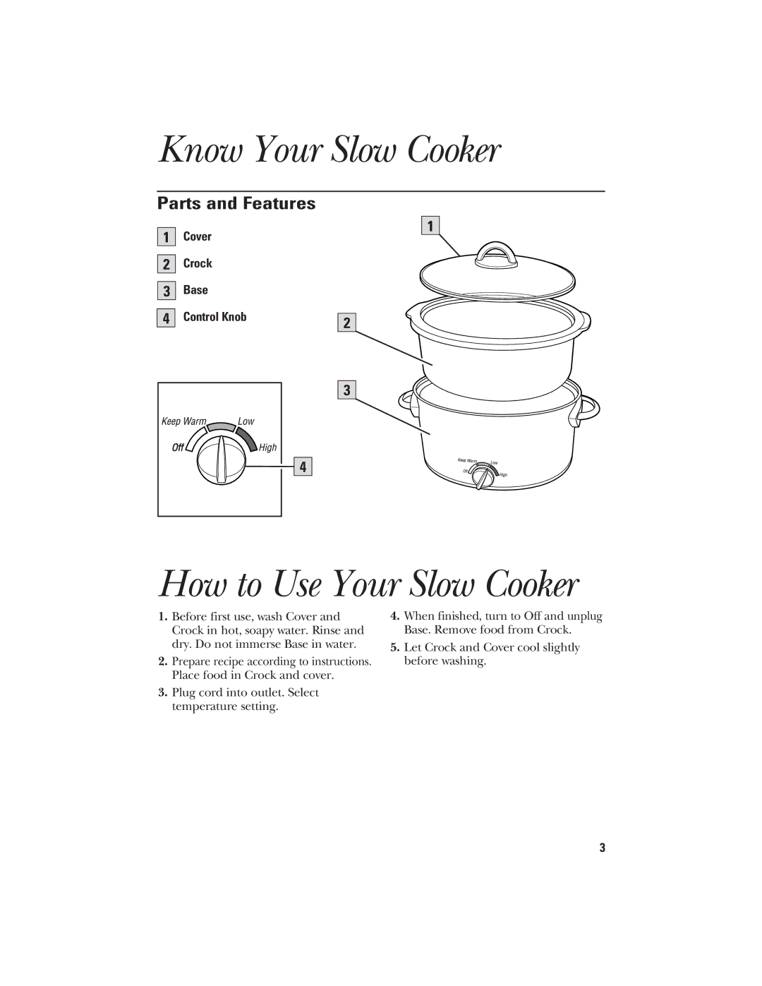 GE 840070700 manual Know Your Slow Cooker, How to Use Your Slow Cooker, Parts and Features 