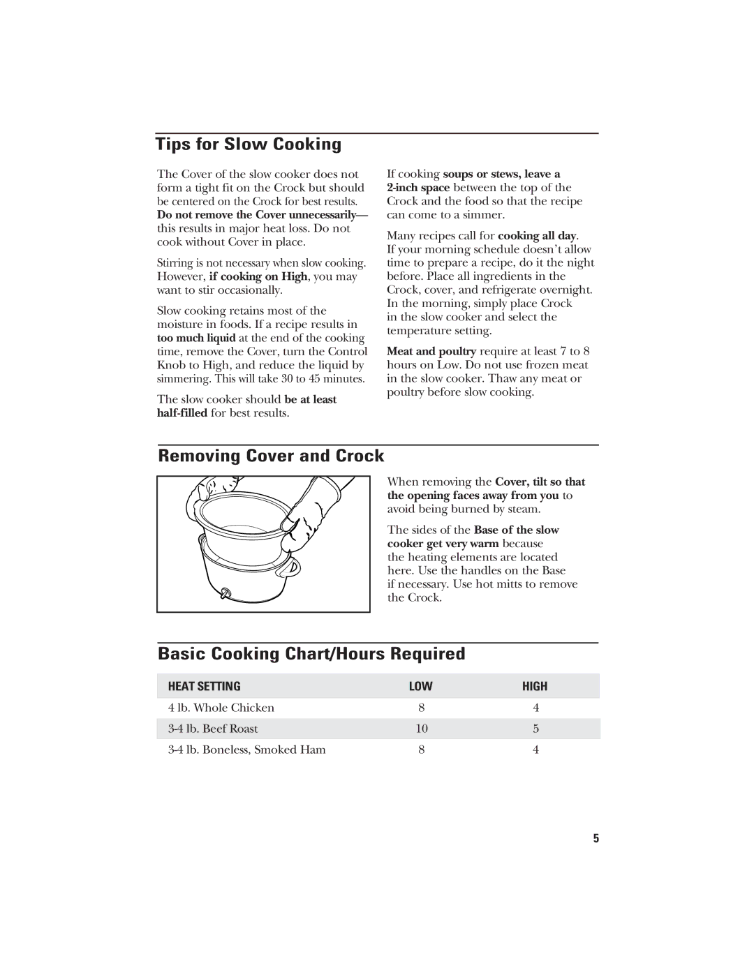 GE 840070700 manual Tips for Slow Cooking, Removing Cover and Crock, Basic Cooking Chart/Hours Required 