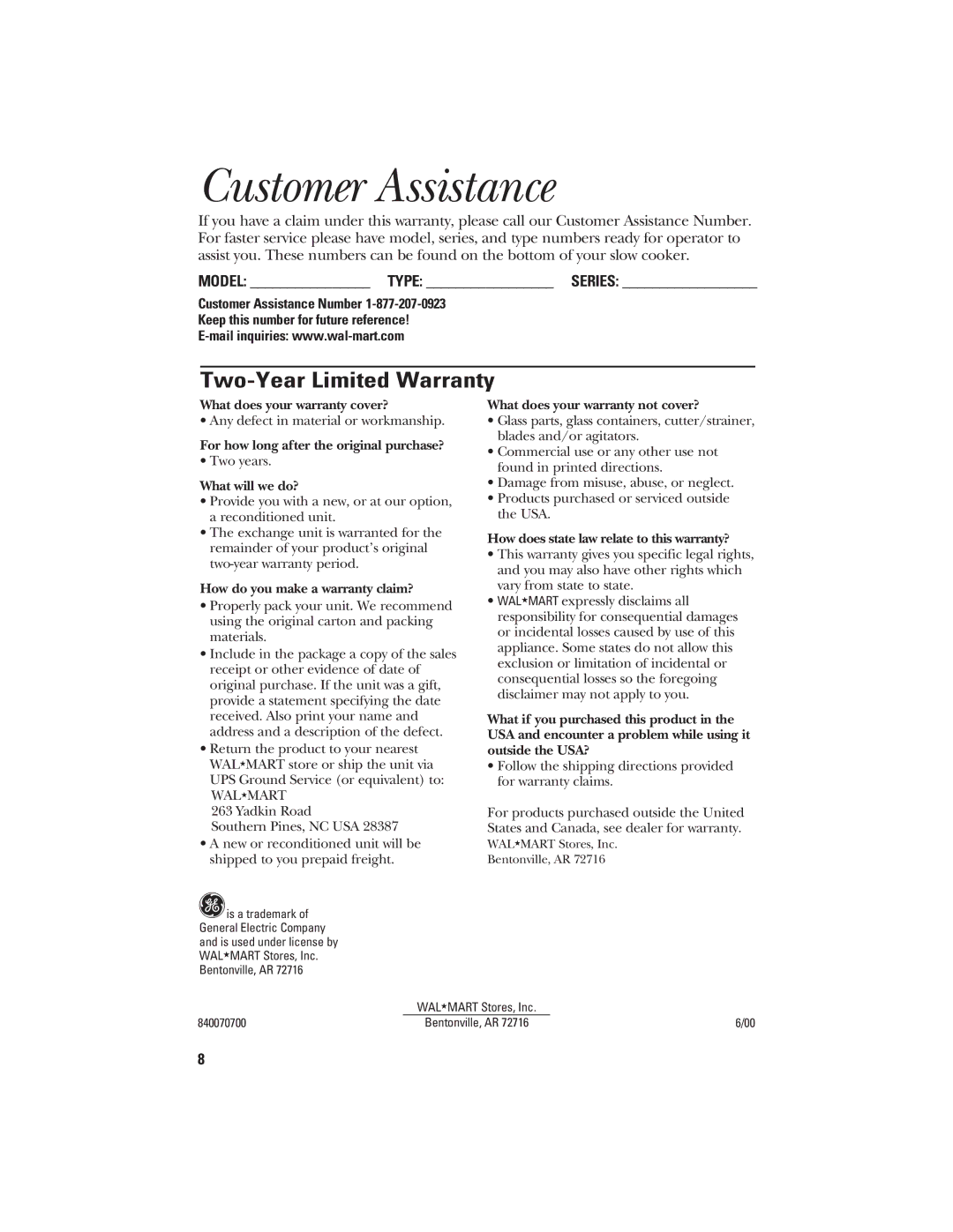 GE 840070700 manual Customer Assistance, Two-Year Limited Warranty 