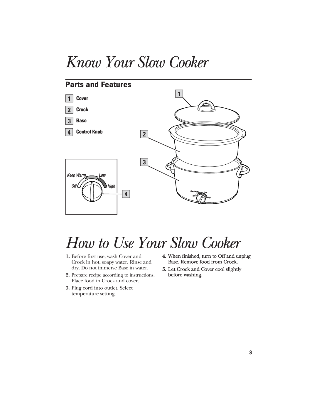 GE 840070700 Know Your Slow Cooker, How to Use Your Slow Cooker, Parts and Features, Cover 2 Crock 3 Base 4 Control Knob 