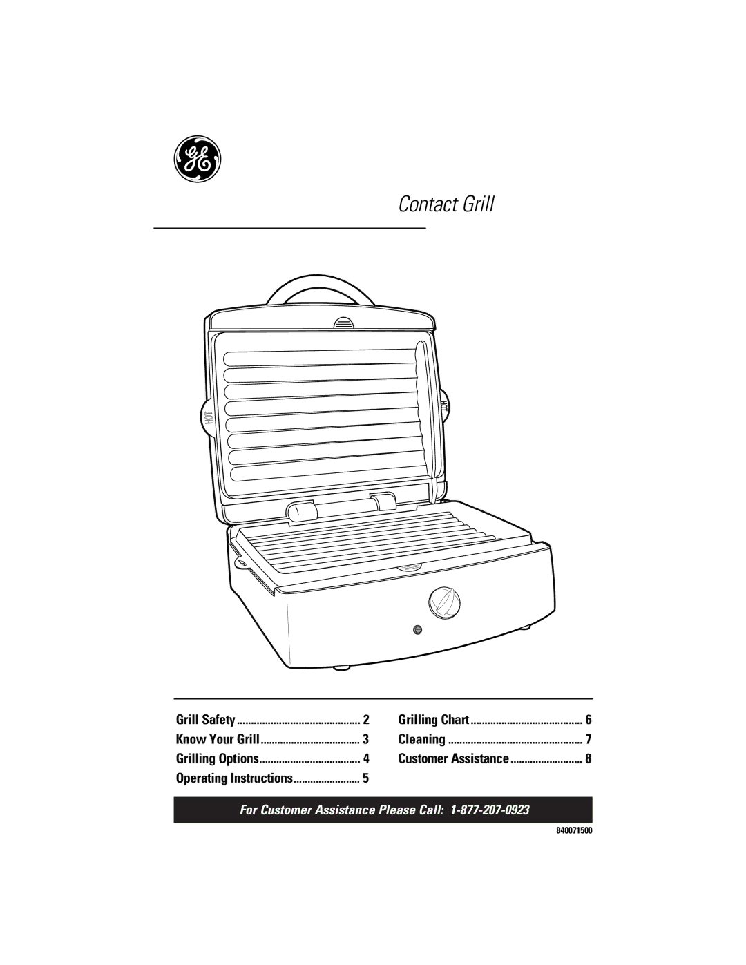 GE 106621, 840071500 operating instructions Contact Grill 