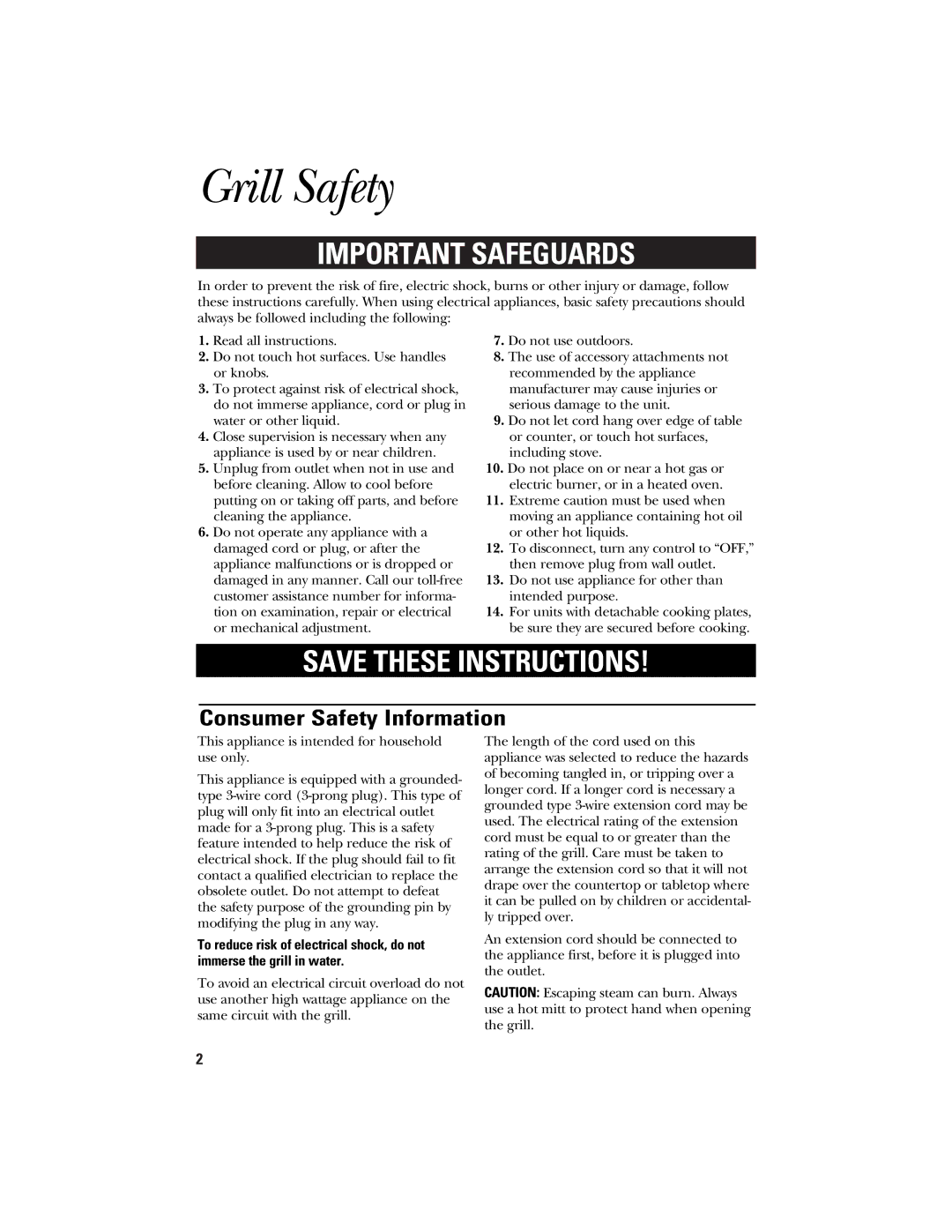 GE 840071500, 106621 operating instructions Grill Safety, Consumer Safety Information 