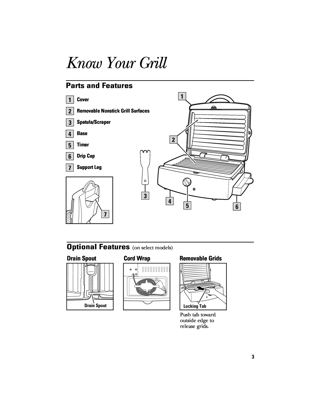GE 106621 Know Your Grill, Parts and Features, Optional Features on select models, Cover, 3Spatula/Scraper, Base, Timer 