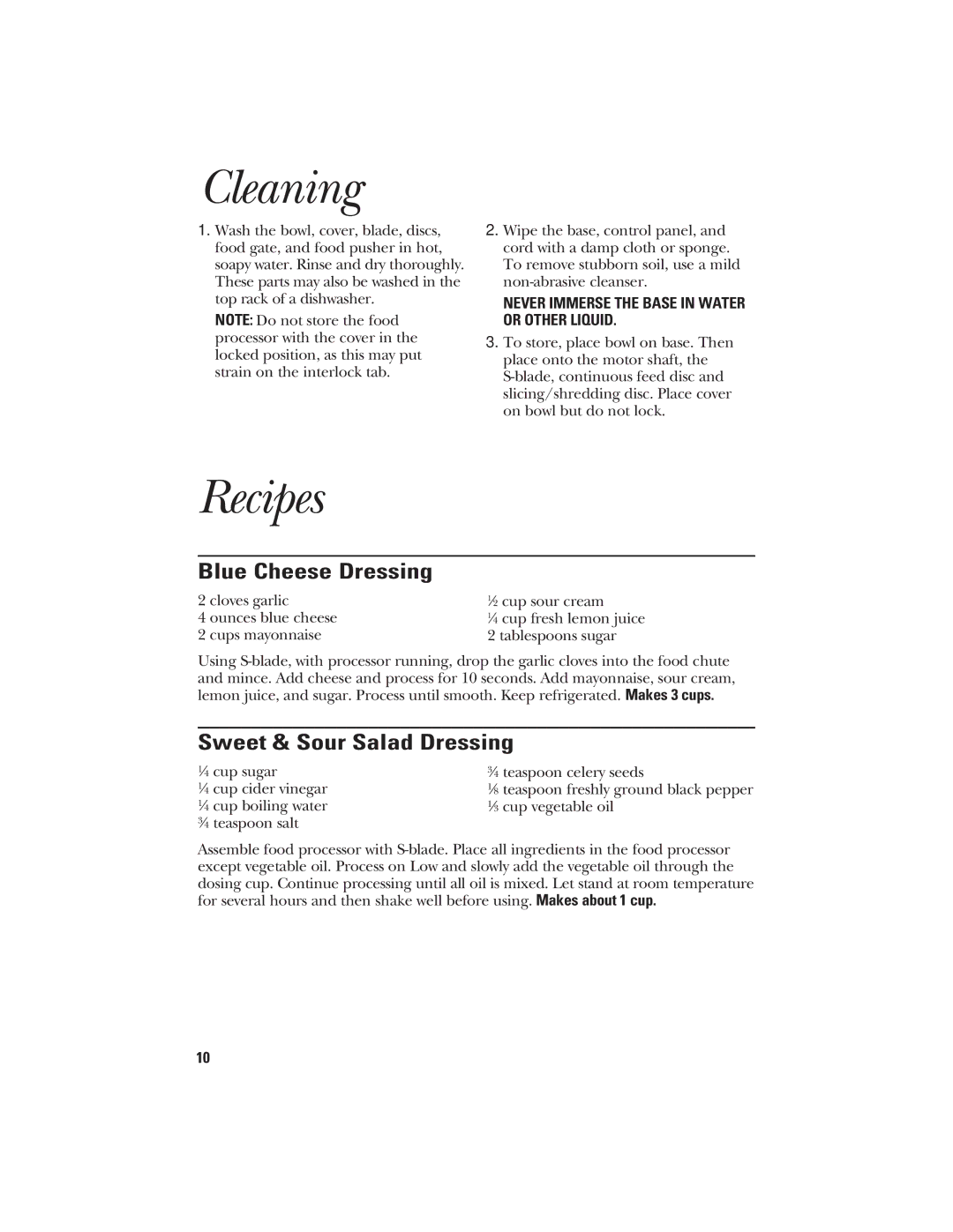 GE 840074400 manual Cleaning, Recipes, Blue Cheese Dressing, Sweet & Sour Salad Dressing 