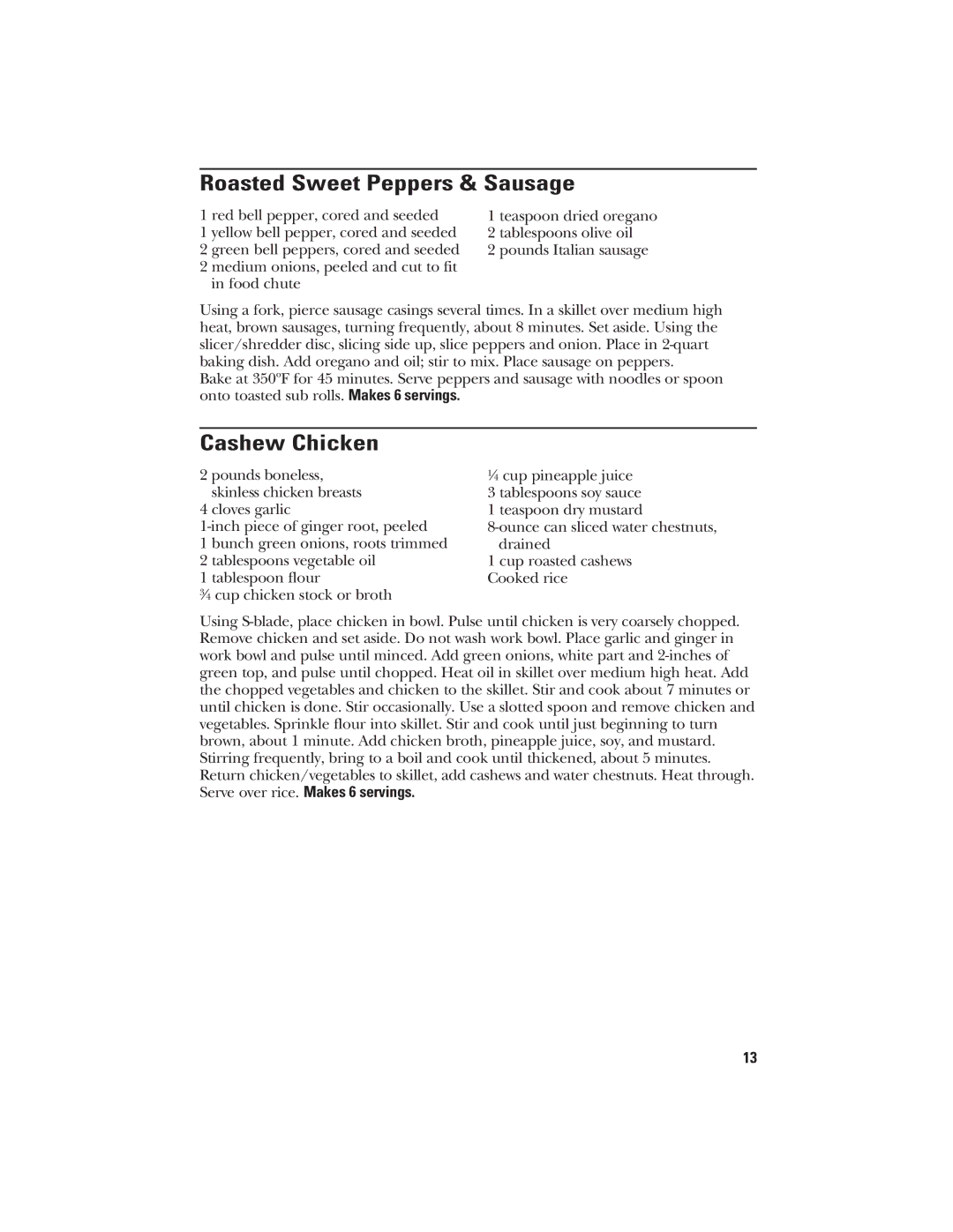 GE 840074400 manual Roasted Sweet Peppers & Sausage, Cashew Chicken 