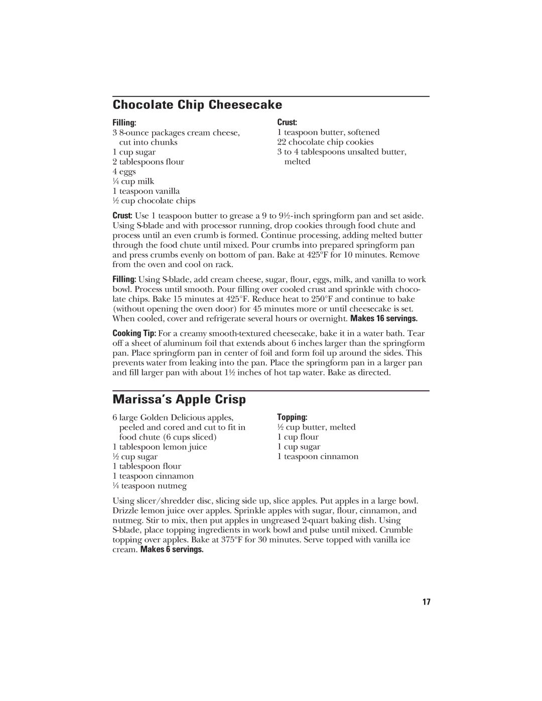 GE 840074400 manual Chocolate Chip Cheesecake, Marissa’s Apple Crisp, Filling, Crust, Topping 