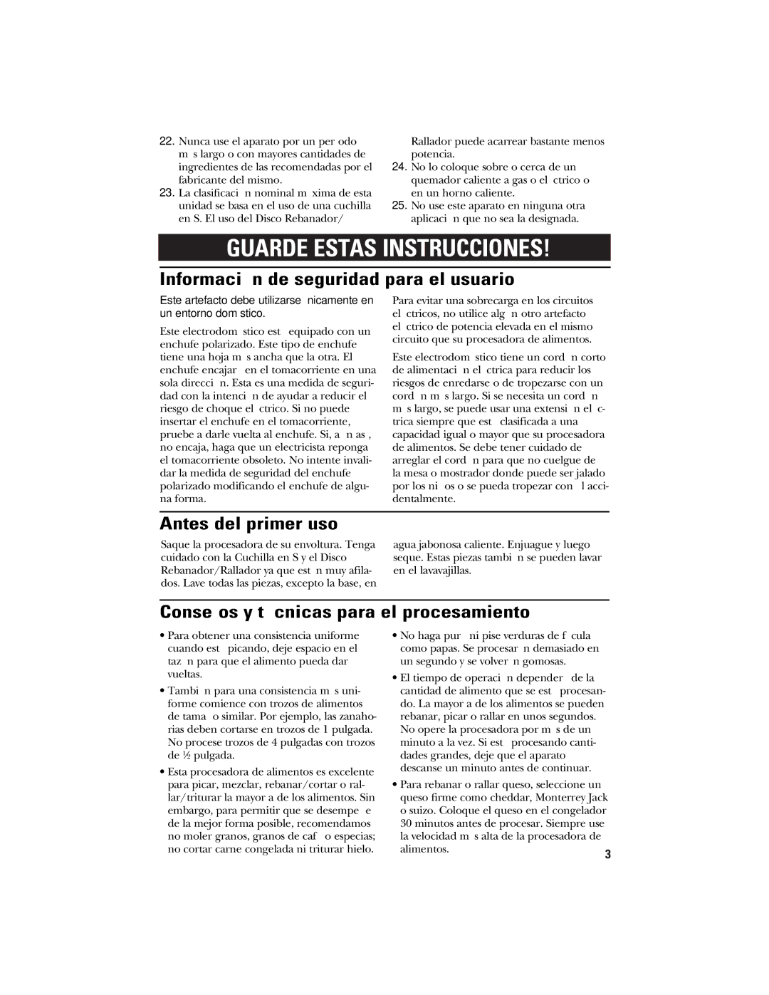 GE 840074400 Información de seguridad para el usuario, Antes del primer uso, Consejos y técnicas para el procesamiento 