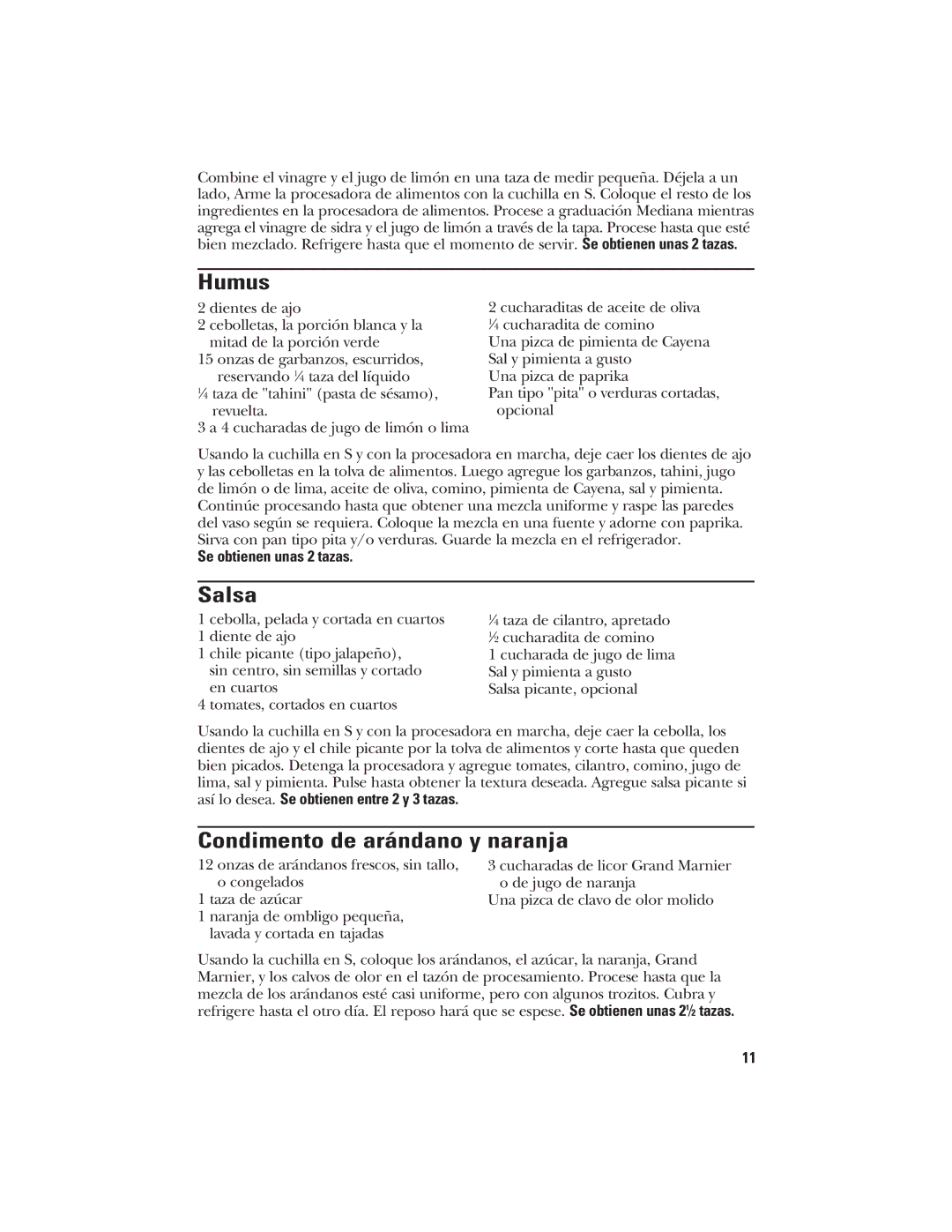 GE 840074400 manual Humus, Condimento de arándano y naranja, Se obtienen unas 2 tazas 