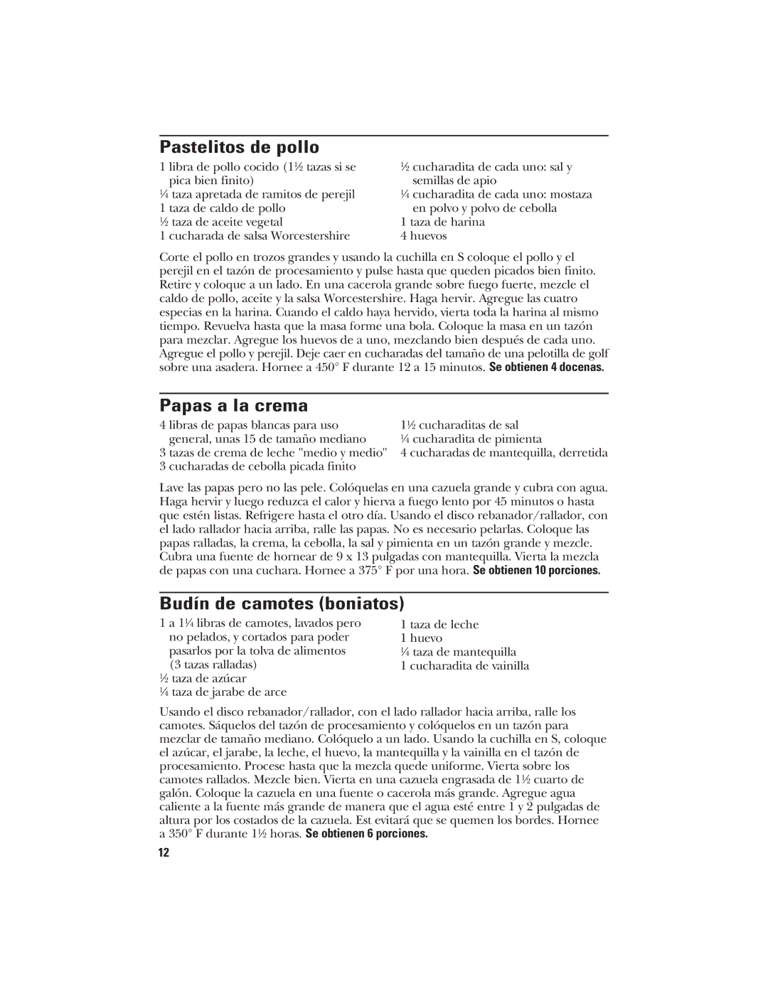 GE 840074400 manual Pastelitos de pollo, Papas a la crema, Budín de camotes boniatos 