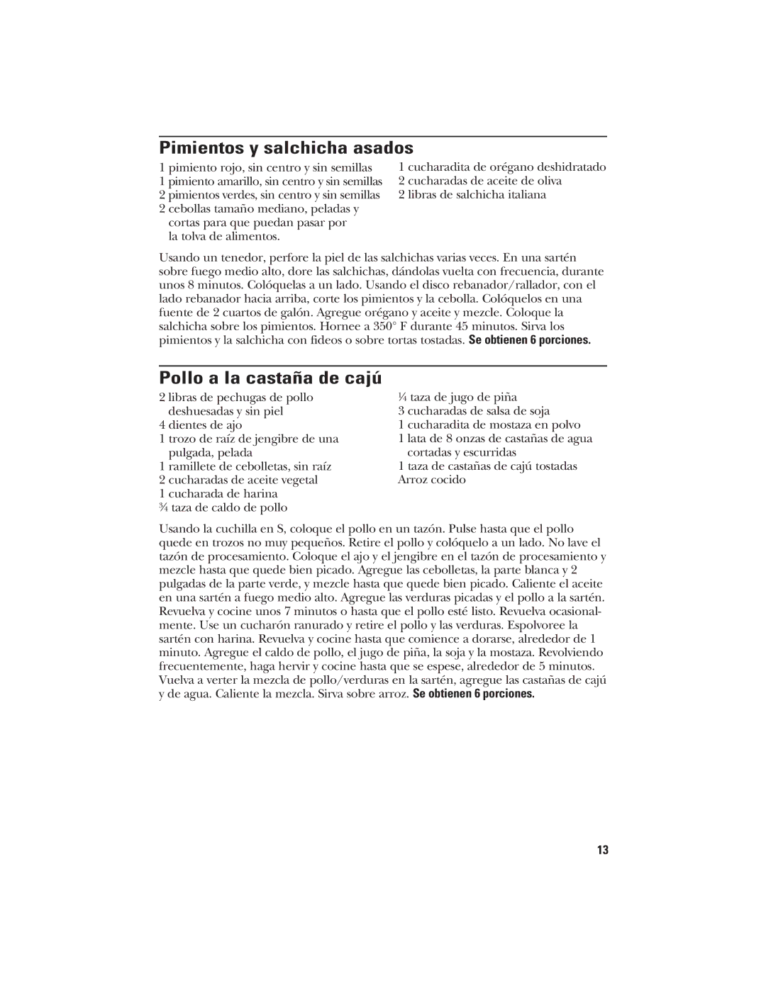 GE 840074400 manual Pimientos y salchicha asados, Pollo a la castaña de cajú 