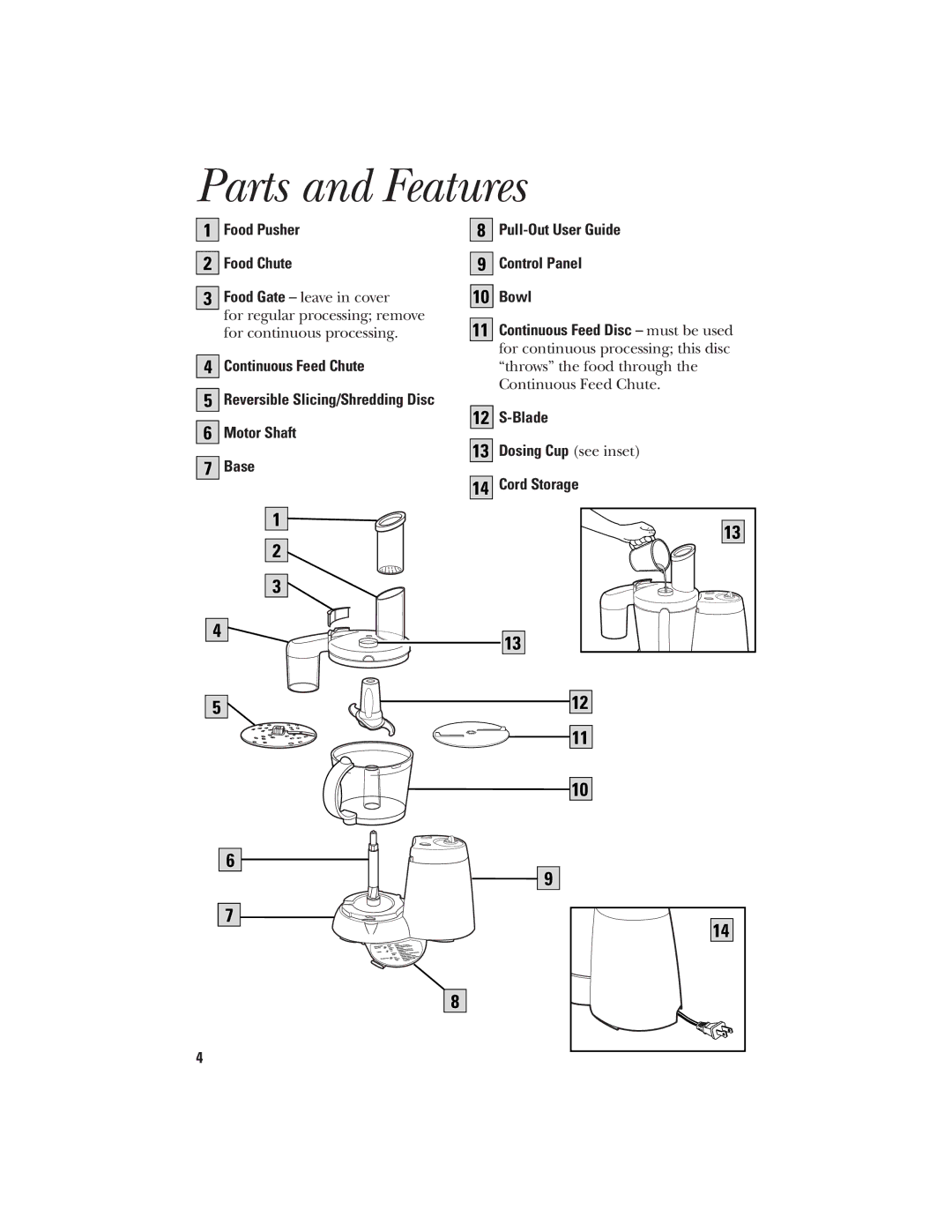 GE 840074400 Parts and Features, Food Pusher Food Chute, Continuous Feed Chute, Blade Dosing Cup see inset Cord Storage 