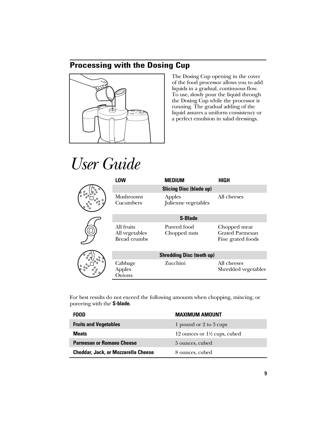 GE 840074400 manual User Guide, Processing with the Dosing Cup, LOW Medium High, Food Maximum Amount 