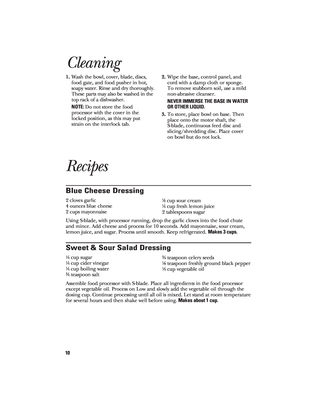GE 840074400 manual Cleaning, Recipes, Blue Cheese Dressing, Sweet & Sour Salad Dressing 