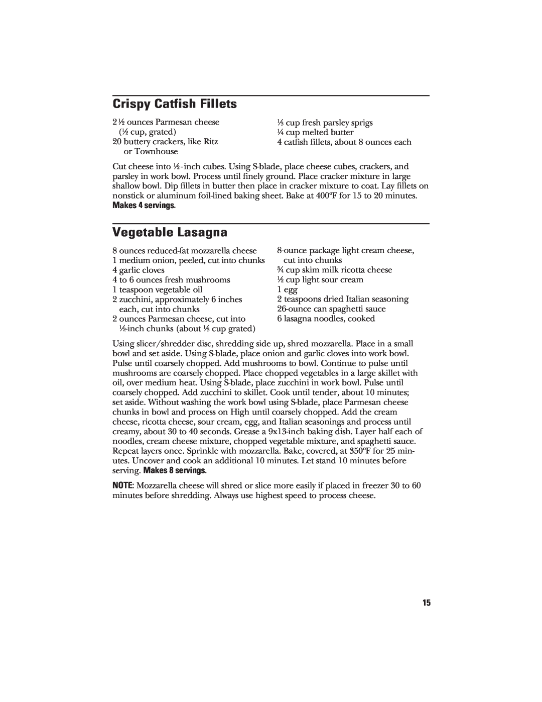 GE 840074400 manual Crispy Catfish Fillets, Vegetable Lasagna, Makes 4 servings 