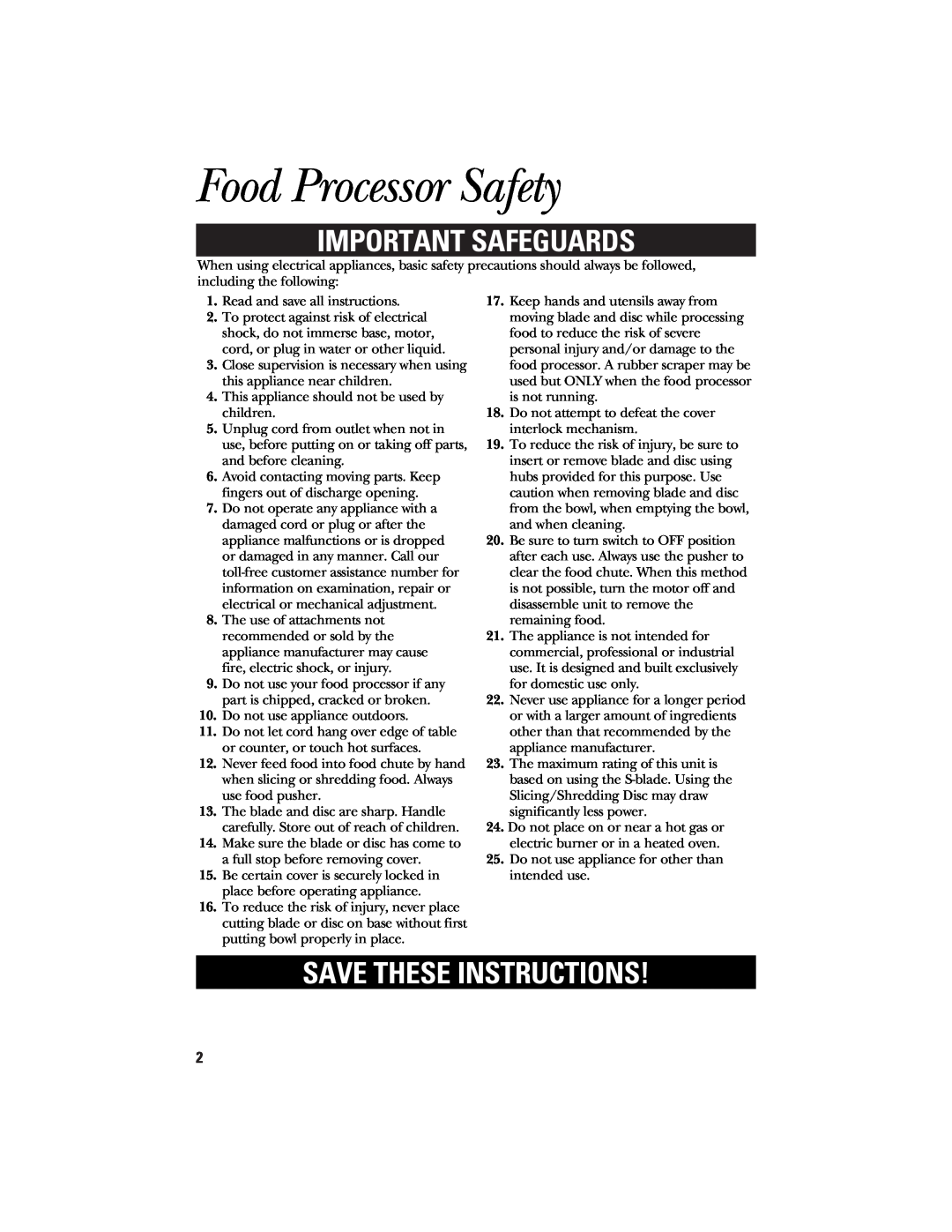 GE 840074400 manual Food Processor Safety, Important Safeguards, Save These Instructions 