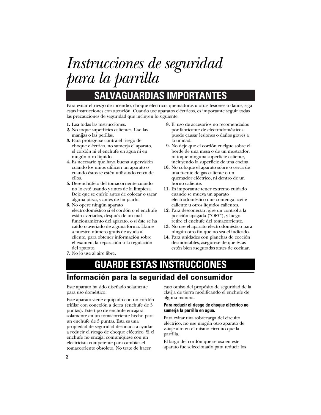 GE 840077700, 106642 Instrucciones de seguridad para la parrilla, Información para la seguridad del consumidor 