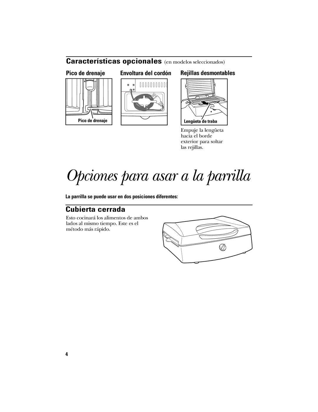 GE 840077700, 106642 operating instructions Características opcionales en modelos seleccionados, Cubierta cerrada 