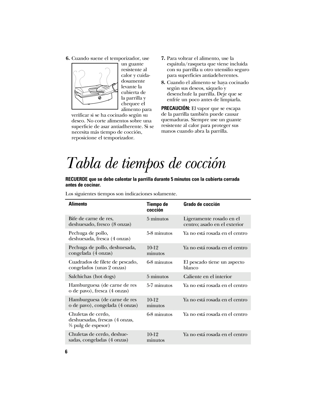 GE 840077700, 106642 operating instructions Tabla de tiempos de cocción, Alimento 