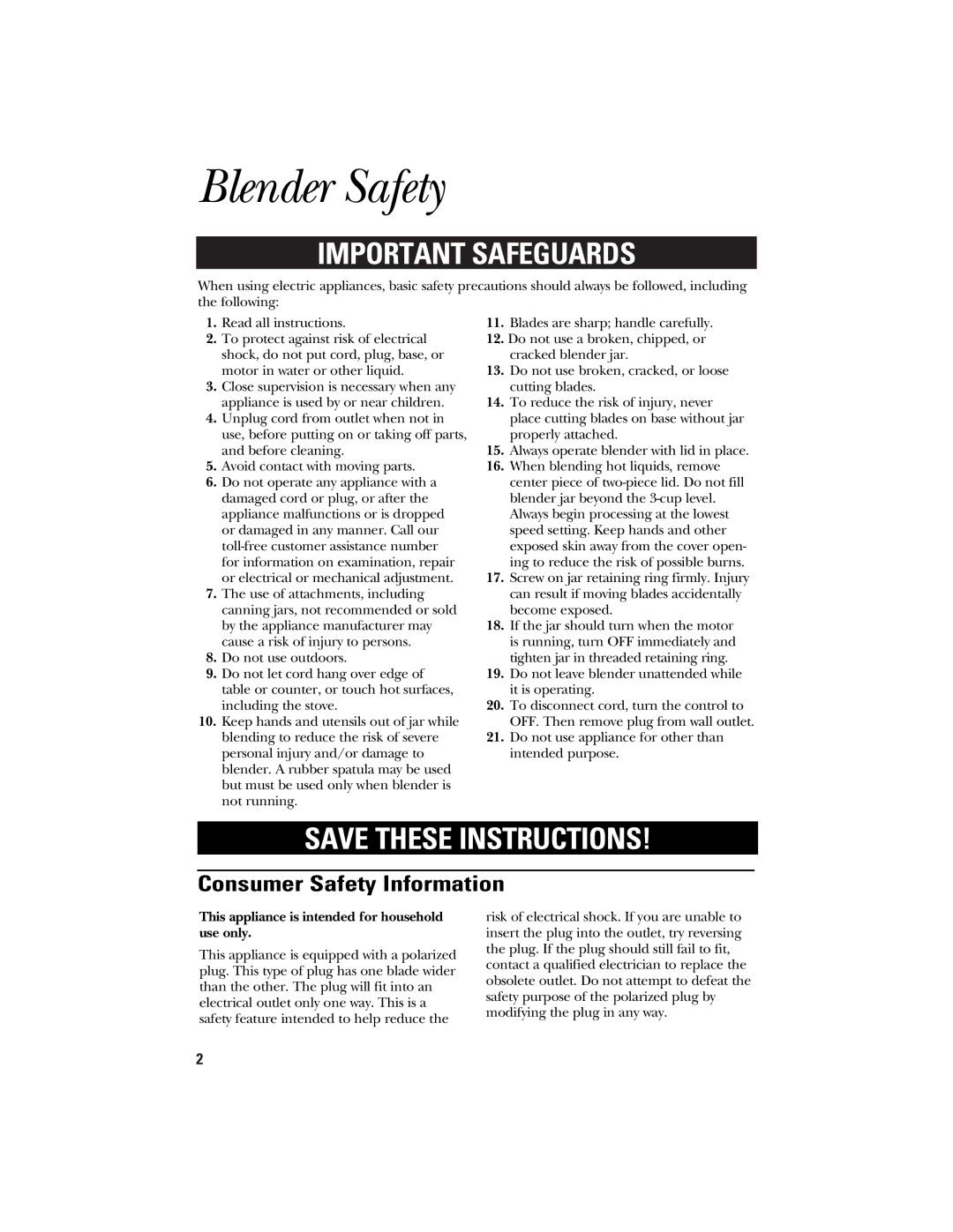 GE 840079000, 106601 manual Blender Safety, Consumer Safety Information 