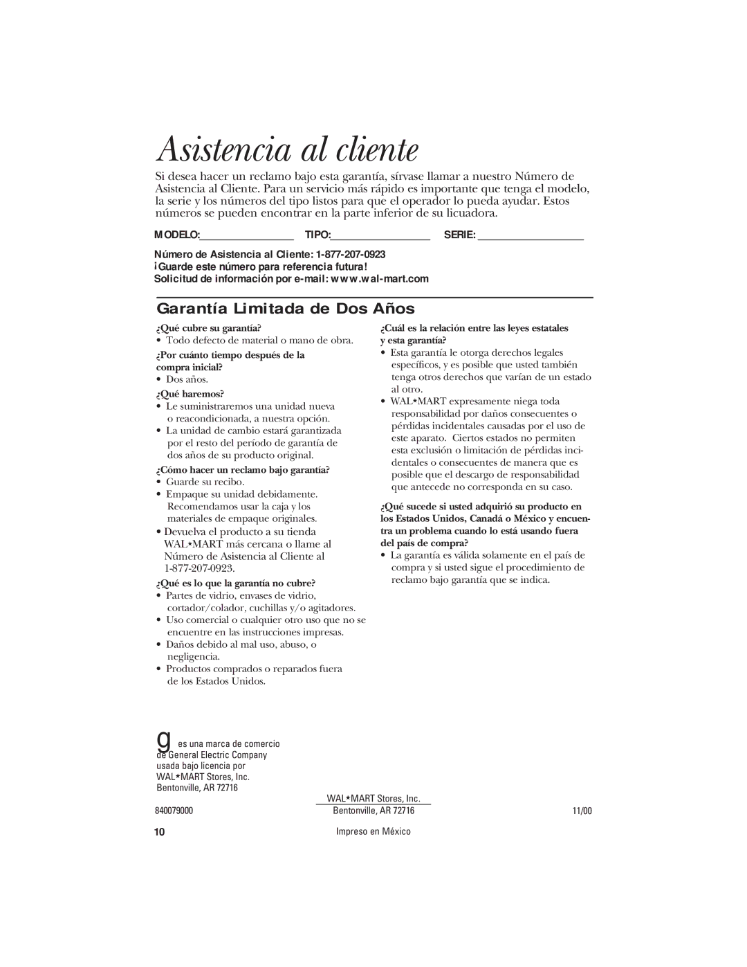 GE 840079000, 106601 manual Asistencia al cliente, Garantía Limitada de Dos Años 