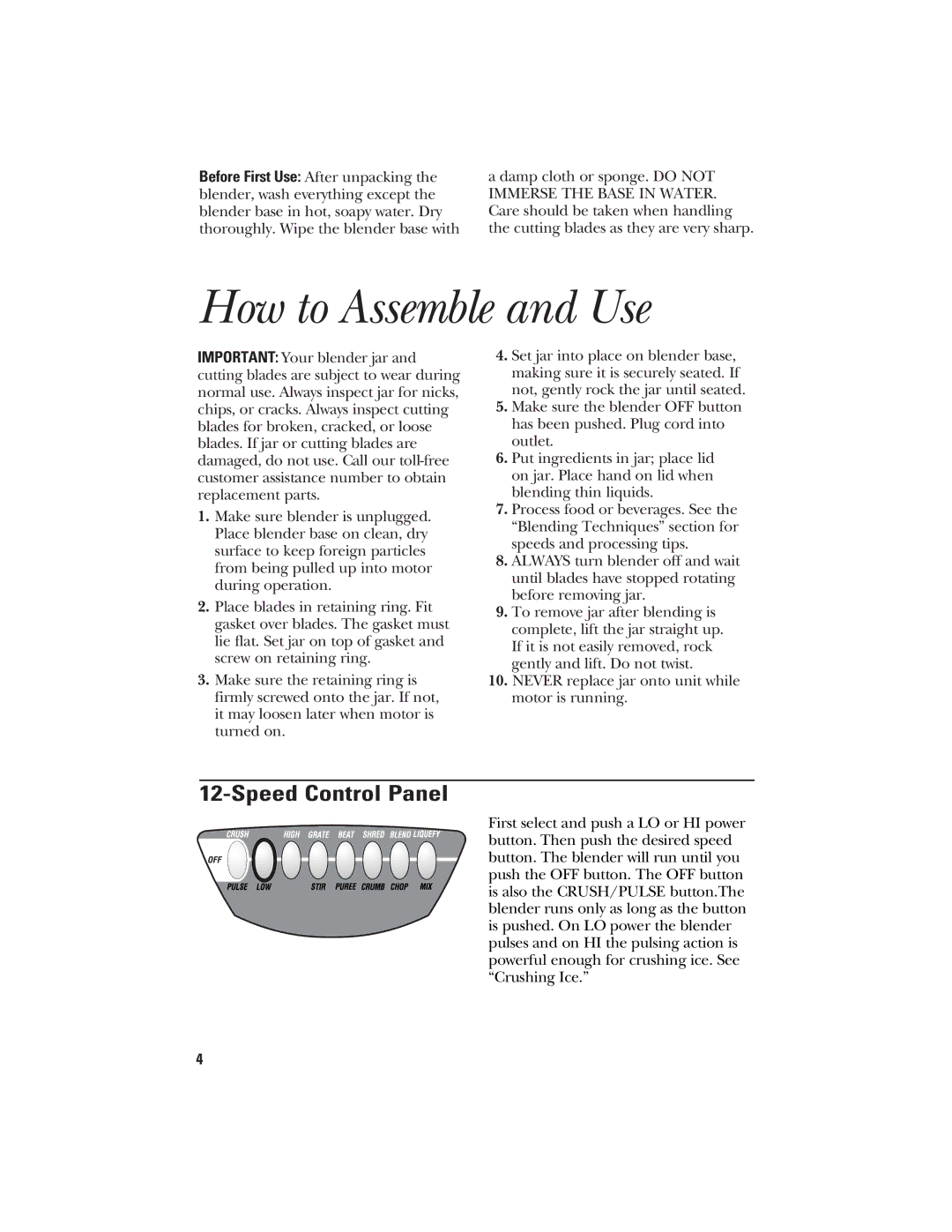 GE 840079000, 106601 manual How to Assemble and Use, Speed Control Panel 