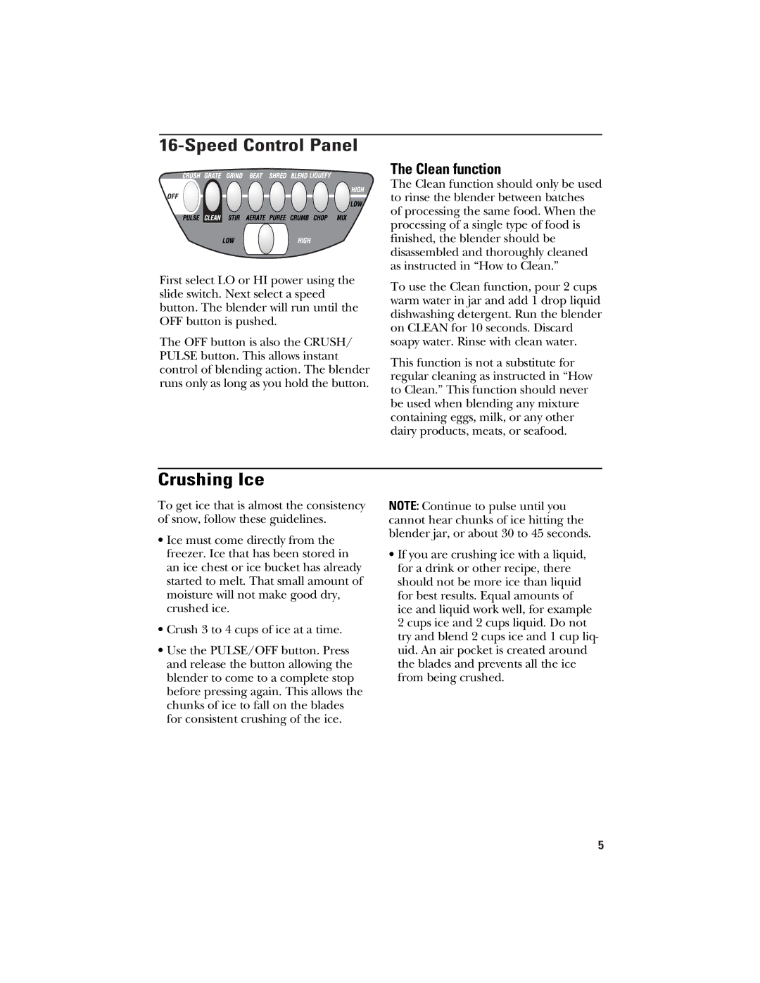 GE 106601, 840079000 manual Crushing Ice, Clean function 