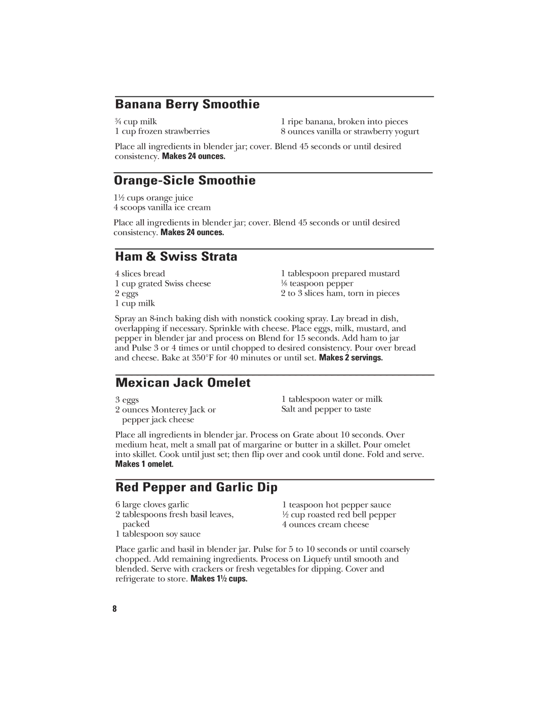 GE 840079000, 106601 manual Banana Berry Smoothie, Orange-Sicle Smoothie, Ham & Swiss Strata, Mexican Jack Omelet 