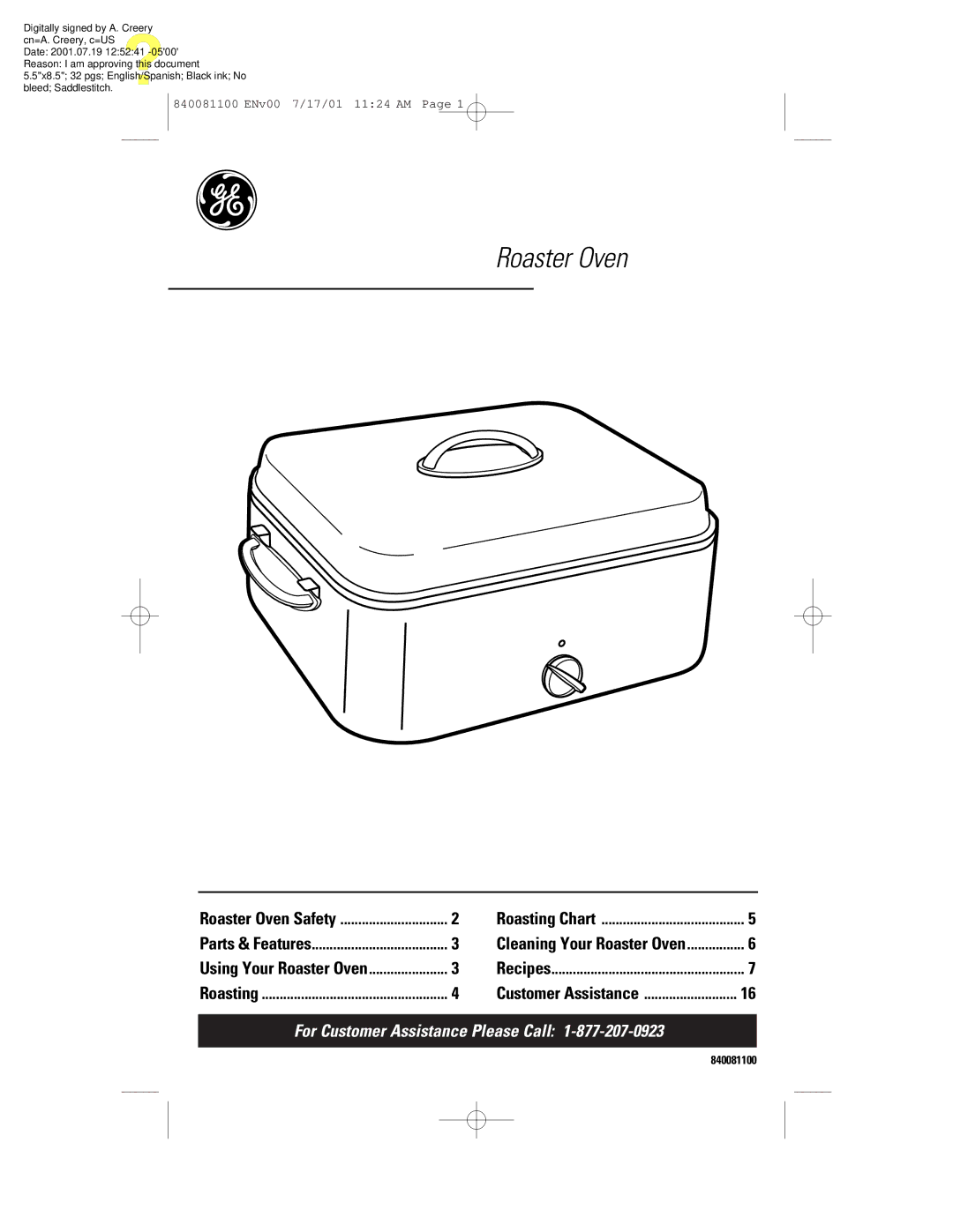 GE 840081100 manual Roaster Oven 