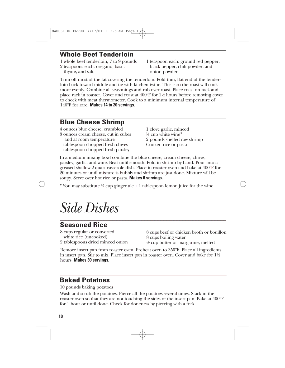 GE 840081100 manual Side Dishes, Whole Beef Tenderloin, Blue Cheese Shrimp, Seasoned Rice, Baked Potatoes 