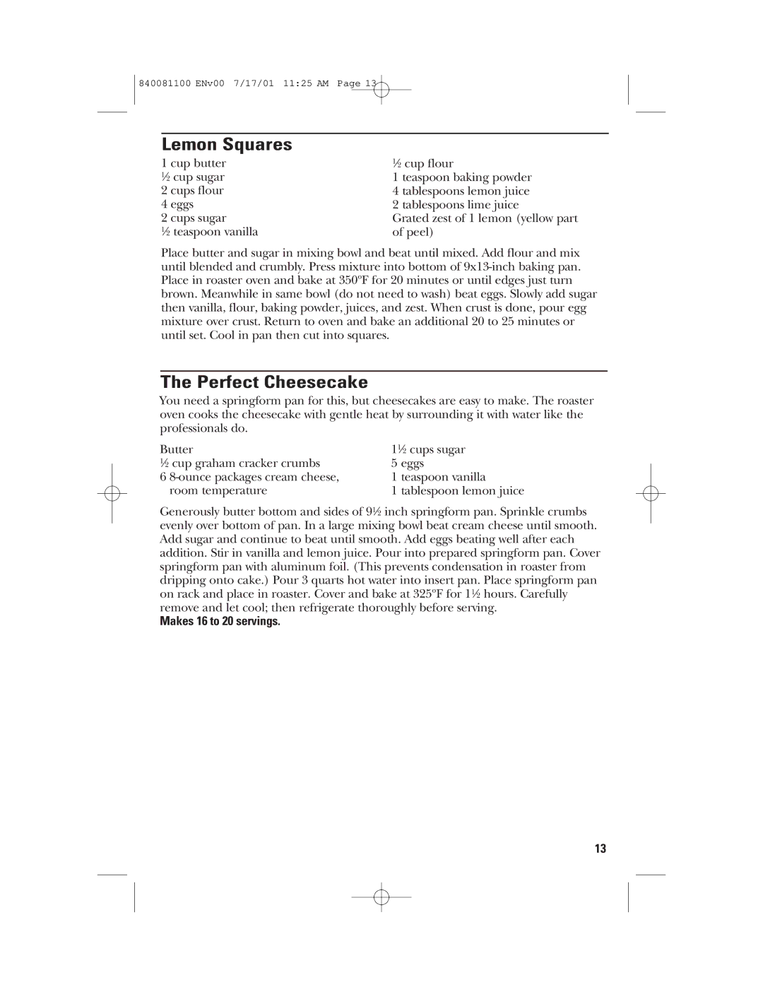 GE 840081100 manual Lemon Squares, Perfect Cheesecake 