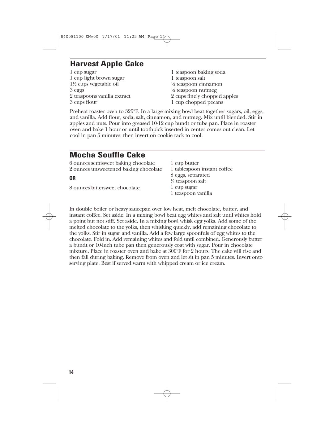 GE 840081100 manual Harvest Apple Cake, Mocha Souffle Cake 