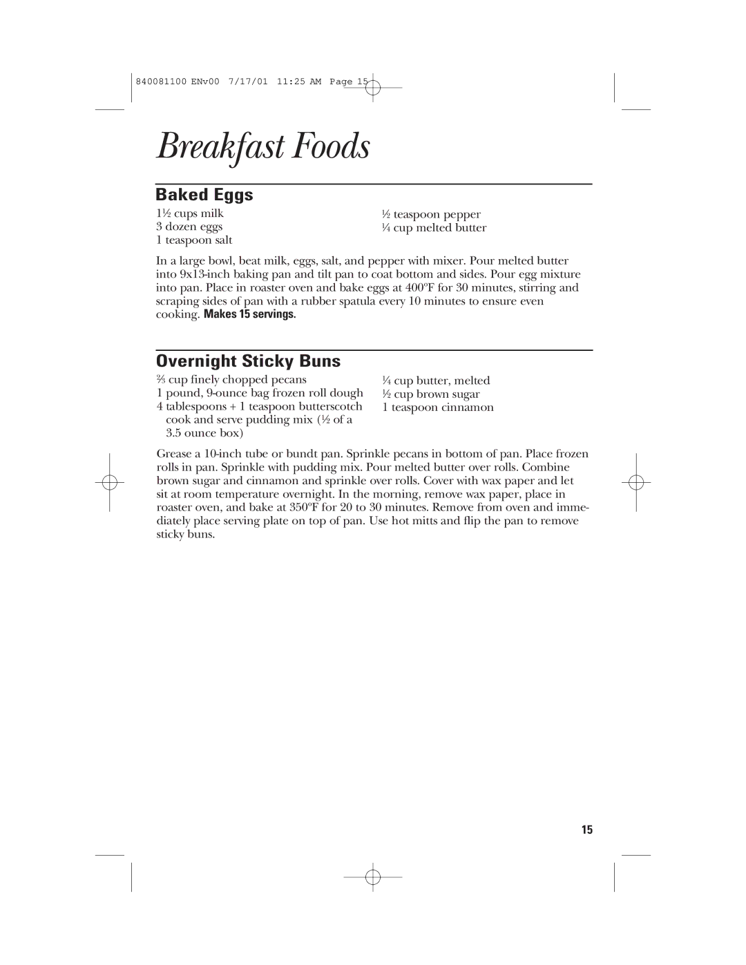 GE 840081100 manual Breakfast Foods, Baked Eggs, Overnight Sticky Buns 