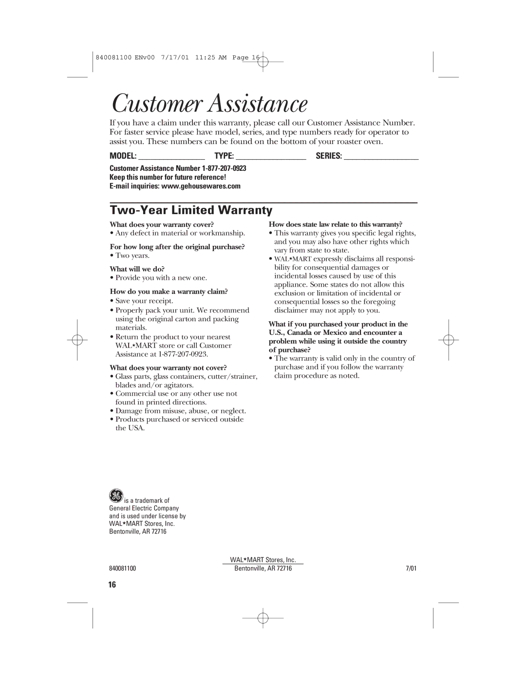 GE 840081100 manual Customer Assistance, Two-Year Limited Warranty 