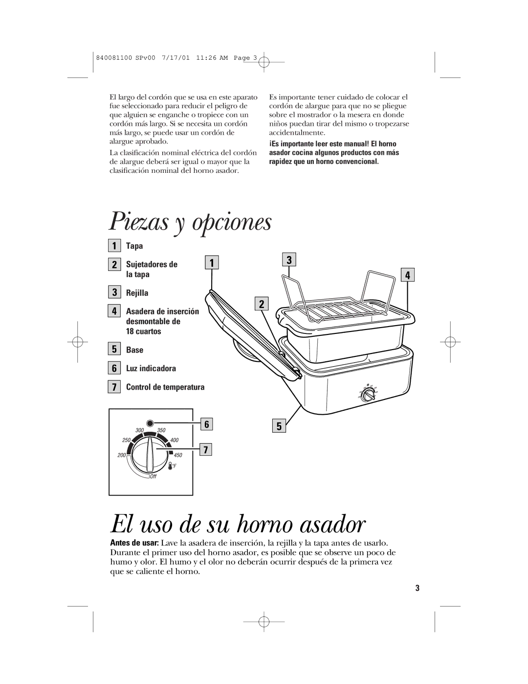 GE 840081100 manual Piezas y opciones, El uso de su horno asador 