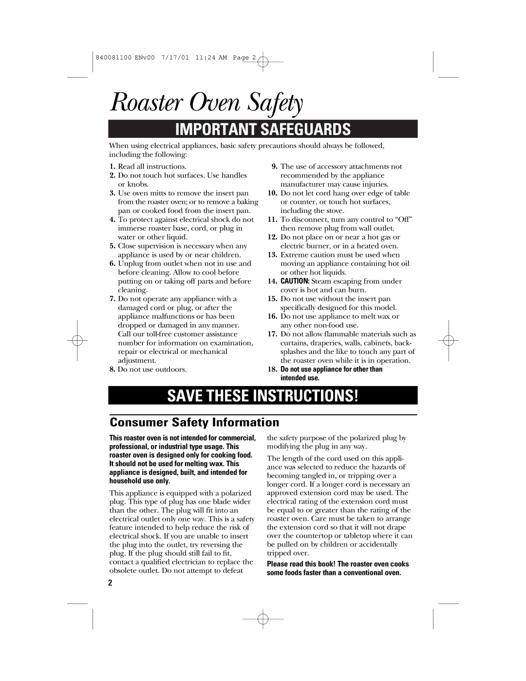 GE 840081100 manual Roaster Oven Safety, Consumer Safety Information 