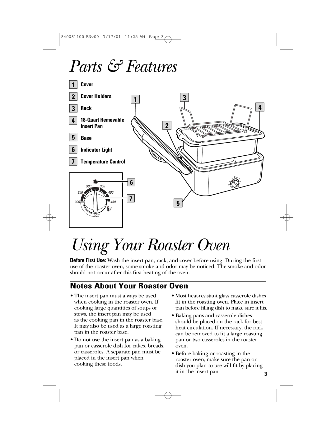 GE 840081100 manual Parts & Features, Using Your Roaster Oven 