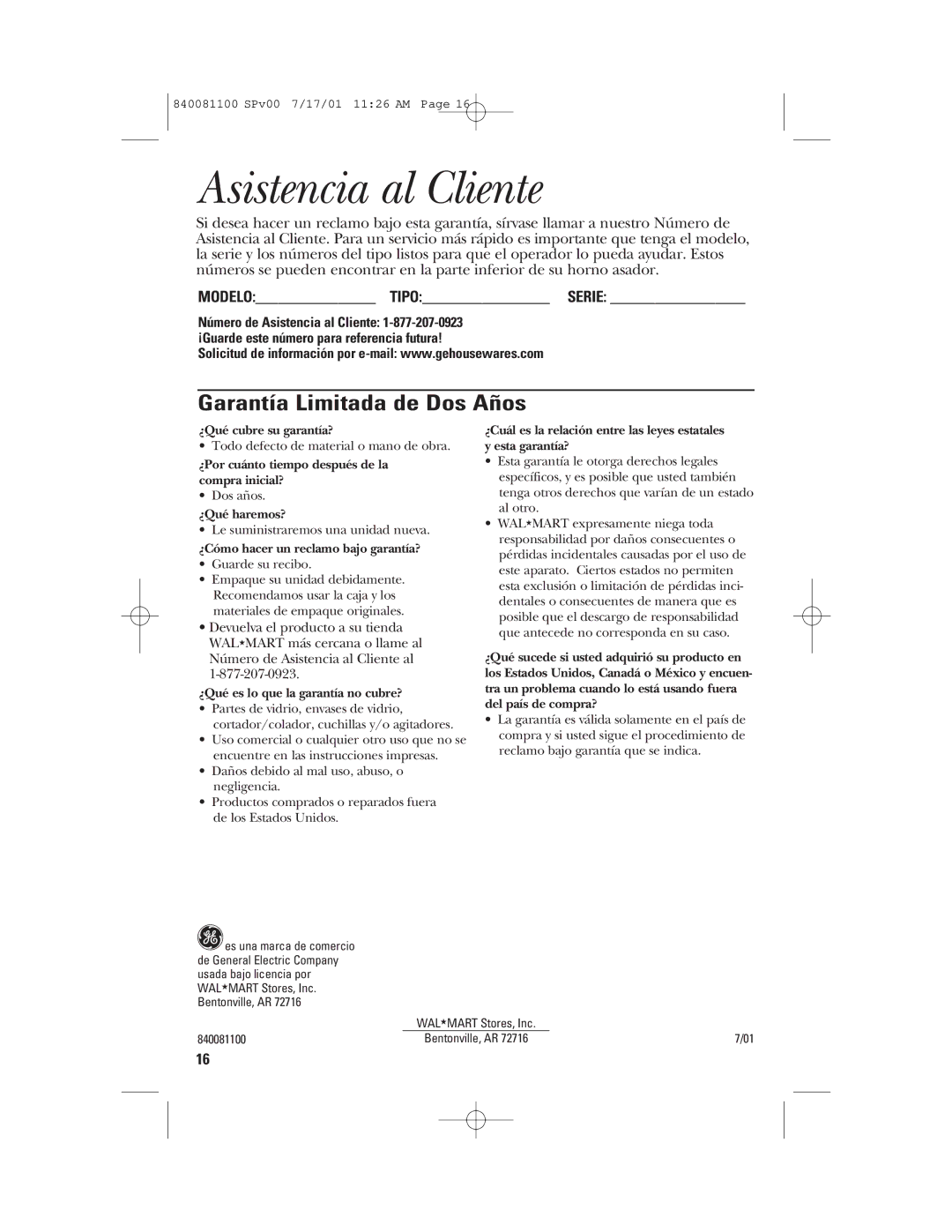 GE 840081100 manual Asistencia al Cliente, Garantía Limitada de Dos Años 