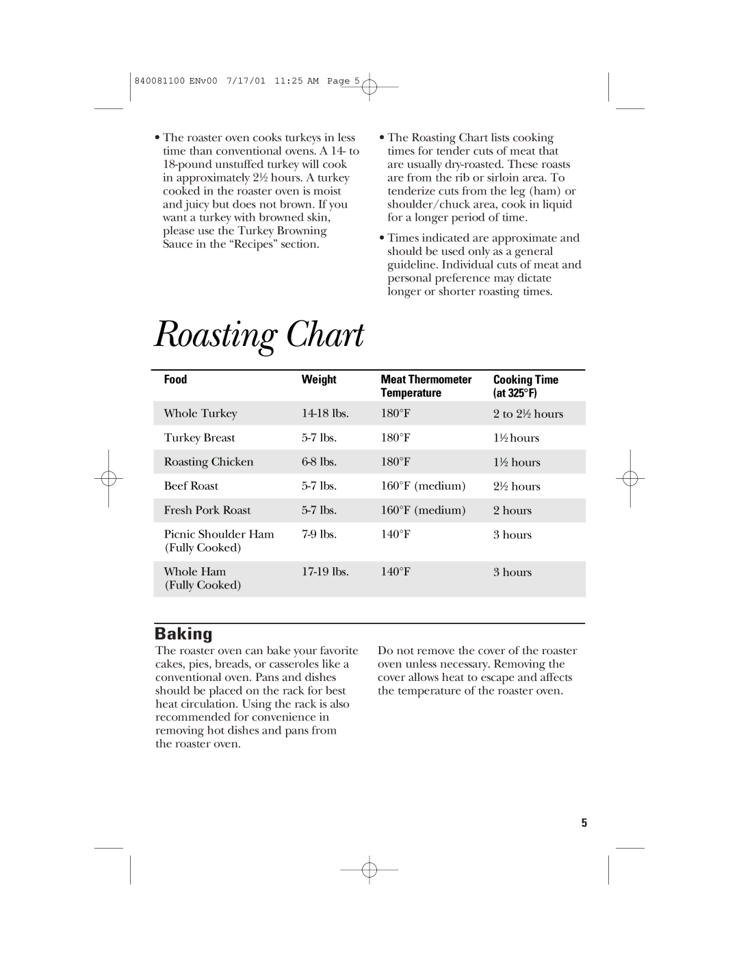 GE 840081100 manual Roasting Chart, Baking 