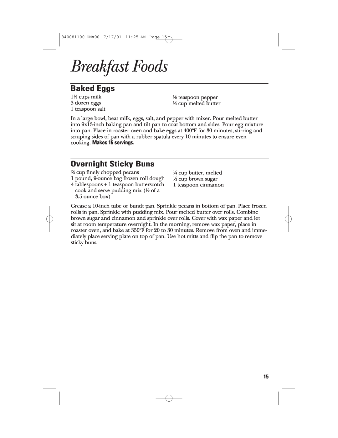 GE 840081100 manual Breakfast Foods, Baked Eggs, Overnight Sticky Buns 